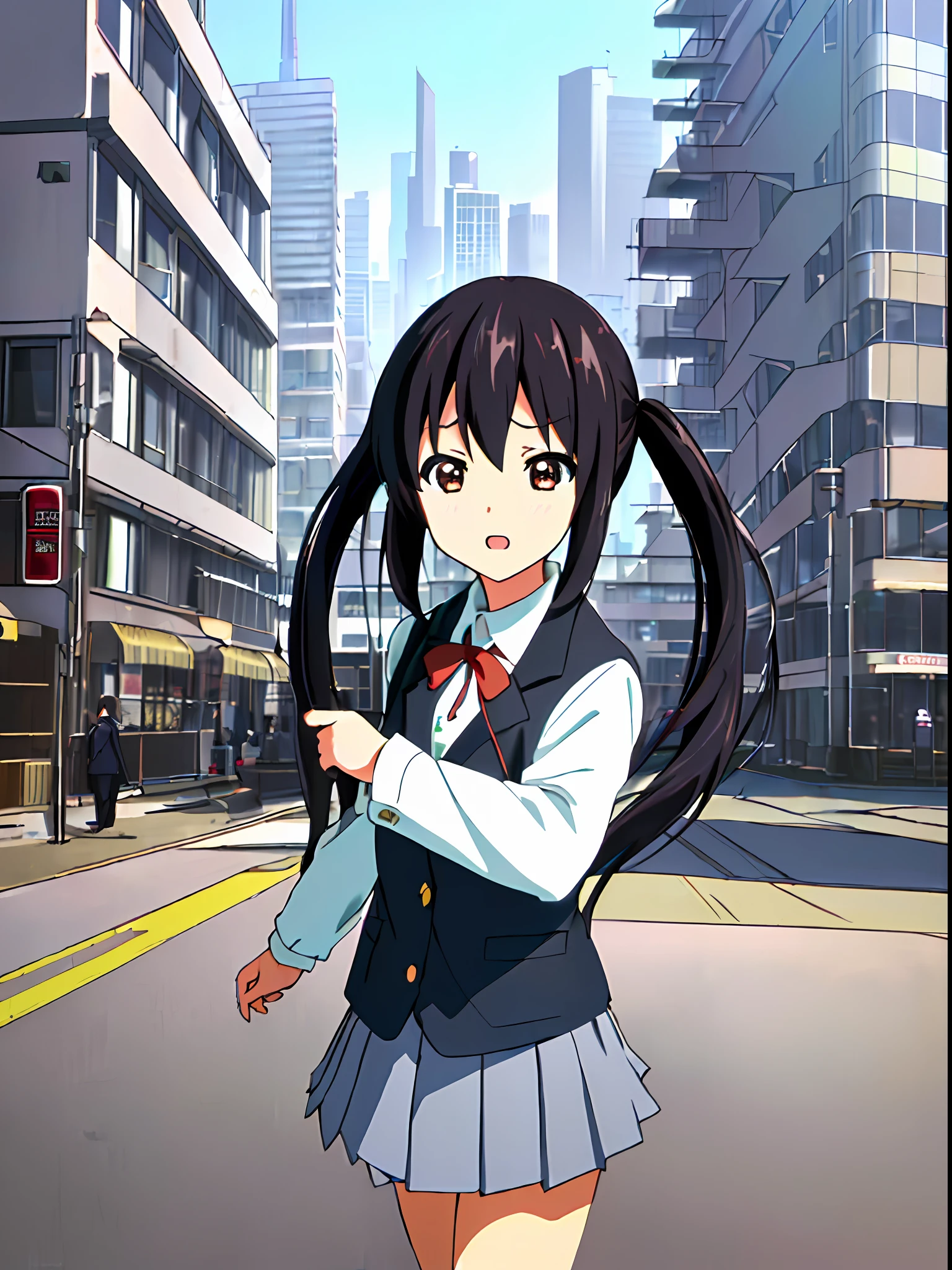 1girl, ((((Masterpiece))), Best Quality, Best Quality, High Detail, Azusa Nakano, 1girl, Sakuragaoka High School Uniform, Musical Instrument, School Uniform, Twin Tails, Long Hair, Black Hair, Brown Eyes, Solo, Red, Dark blue blazer with a thin ribbon of red, Solid white button shirt under blazer, Illustration, Cartoon, Soothing tones, Muted colors, Soft cinematic light, Adobe Lightroom, Photo Lab, HDR, complex and highly detailed, (((depth of field))))). (((Masterpiece))). (((highest quality))).) ((super detail))). (((Illustration))). (((Outside))). (((fighting stance))).,((((Giantization))).dynamic focus.small breasts. (((skyscrapers))). (((Cityscape))). (((Face of sadness))). open mouth.