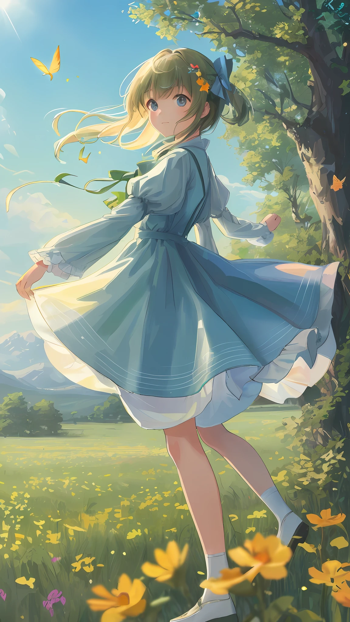 High Detail, Ultra Detail, Ultra High Resolution A cute and innocent girl is enjoying her time in an open field, surrounded by the beauty of nature, with the warm sun shining on her and wildflowers swaying gently in the breeze. Butterflies and birds fly around you, adding to the playful atmosphere, mist on the horizon, trees, --v6