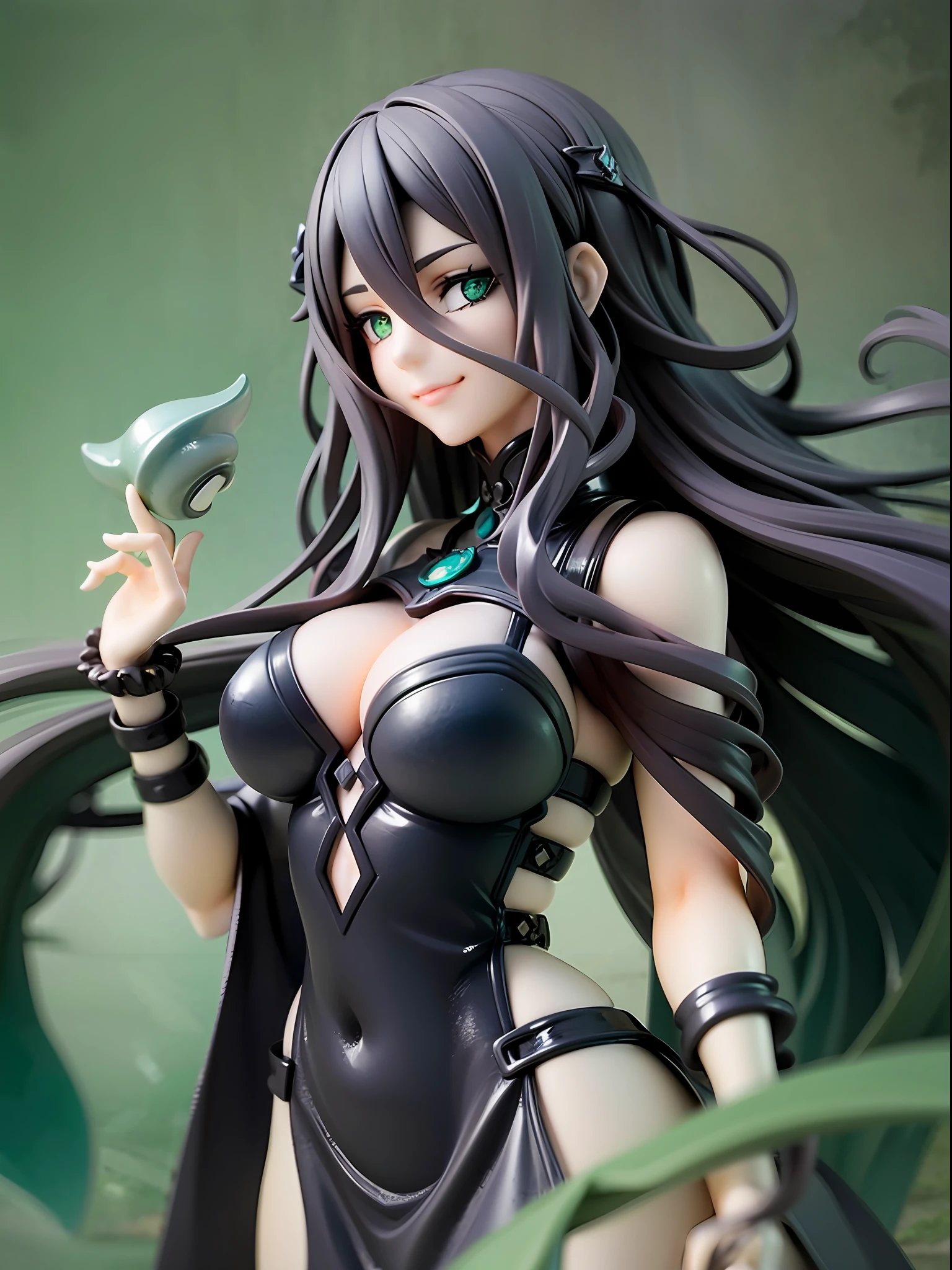 Lovecraftian goddess, black medium hair, emerald green eyes, mysterious smile, ancient deep green and black robe, arms wide open drawing ancient symbols, in the deep sea, front view, looking afar, average chest size,