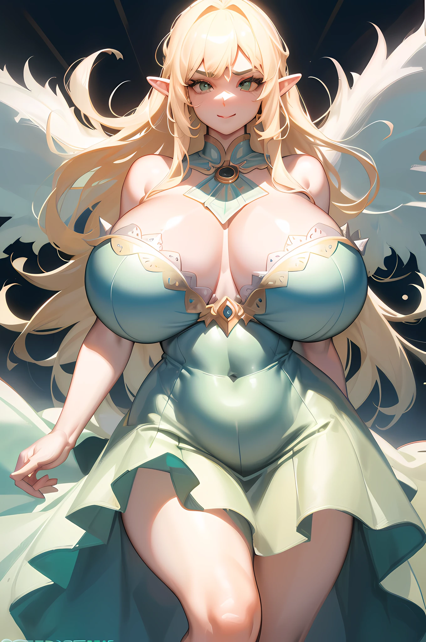 (Ultra Quality,Unparalleled Masterpiece:1.4)Overwhelmingly Pixel-Perfect,Ultra-Detailed CG 4K,(Ultra-Detailed Clear Absurdly-Vivid Jade Big Eyes:1.2),Gorgeous Round Detailed Face(Voluptuous:1.4)Elf(Gigantic Breasts:1.8)(Voluminous Long Blonde Hair: 1.4),(Bangs, Sidelocks:1.2)Seductive(intricately detailed white dress:1.3)(Zelda)(Celestine Lucullus: 1.2)(Solo:1.4)(1Girl: 0.5)(Facing Viewer:1.2)(arms behind back:1.2)(Cowboy Shot:1.2)(from above:1.1),Skindentation(Curvaceous:1.4)(Curvy:1.4)(Bimbo: 1.4)(Normal Waist: 1.2)(Thick Lips: 1.3)small-nose(light smile: 1.2)Rocks,Trees, Plants,Bush,art by wlop and ross tran,(Luminous Studio Graphics Engine) Color Graded, venusbody