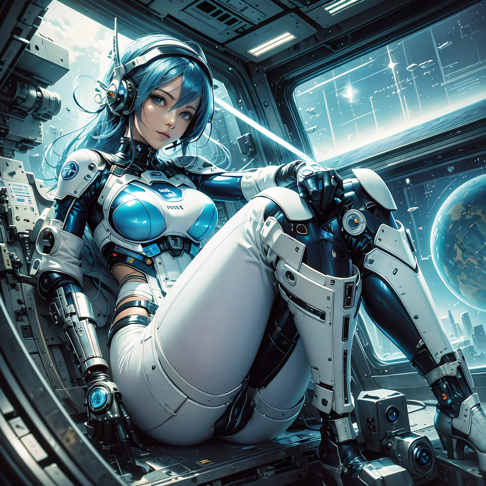 Full body, blue hair, blunt van, masterpiece, top quality, official art, album art, very elaborate CG Unity 8K wallpaper, lone girl, Japan girl, full body, super high resolution, (photorealistic: 1.4), dynamic angle, dynamic pose, mystical power, floating particles, reflection, so cute, sparkling blue color eyes, golden hour lighting, Pilot suit in white and blue and black colors, tight fitting clothes, full-body covering clothes, knee boots, (puffy eyes), viewer looking, front-facing, beauty, medium breasts, shirt lift, metal wire, slim body, arm-length gloves, anime heroine, gentle smile, headset, helmet, detailed robot cockpit, super futuristic space