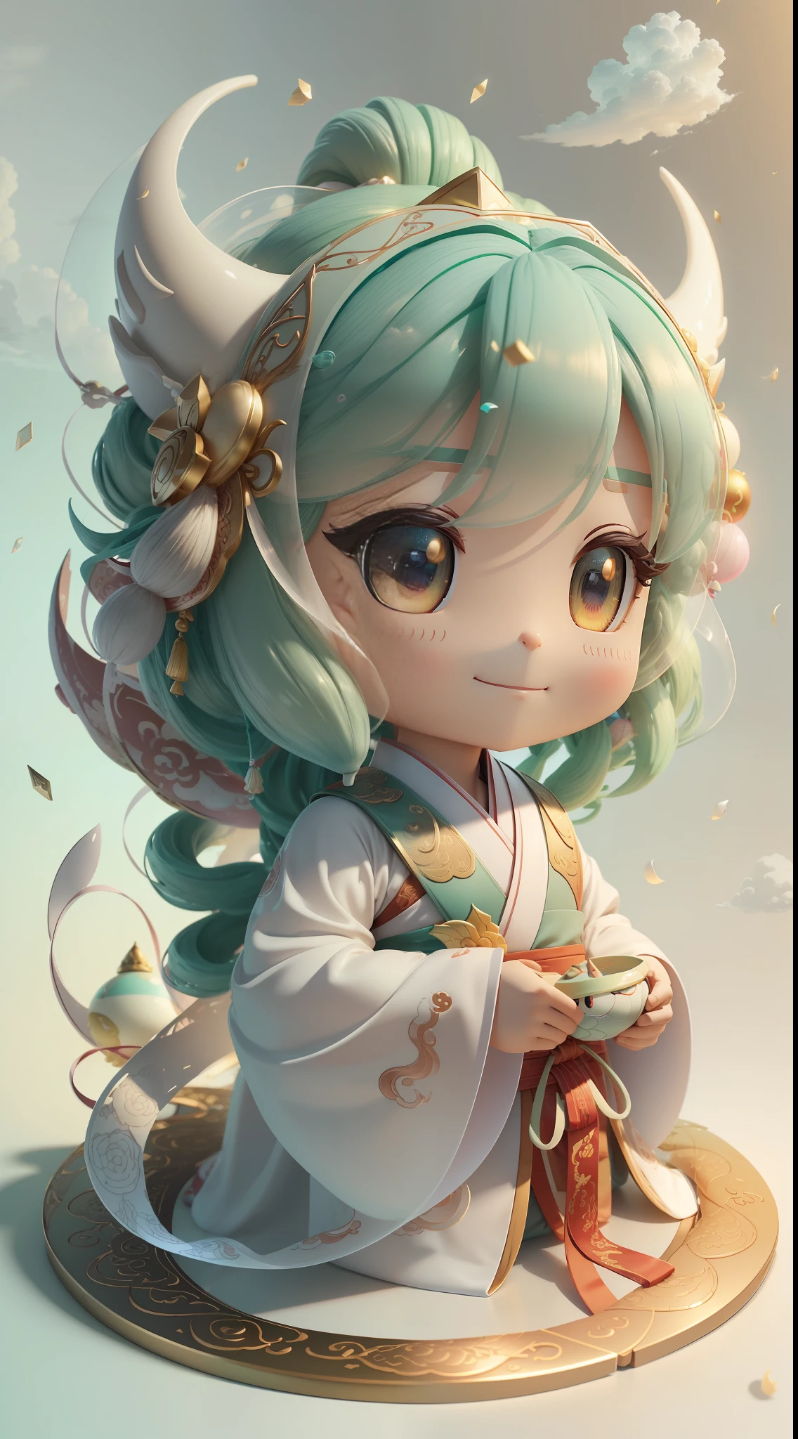 Snake, big ears, happy smile, (wearing Hanfu) dragon head, antlers, soft ((best quality)), ((masterpiece)), (hair accessory)( extreme detail, highest detail, official art, beauty and aesthetics:1.2), depth of field, composition ( (full body) ), (chibi), (beautiful and detailed eyes: 1.3), (very happy:1) (light mint green and gradient white), popmart blind box, clay texture, (transparent balloon, cloud decorative background), natural light, best quality, Super Detail, 3D Art, C4D, Blender, OC Renderer, 3D Rendering, 8K --auto --s2