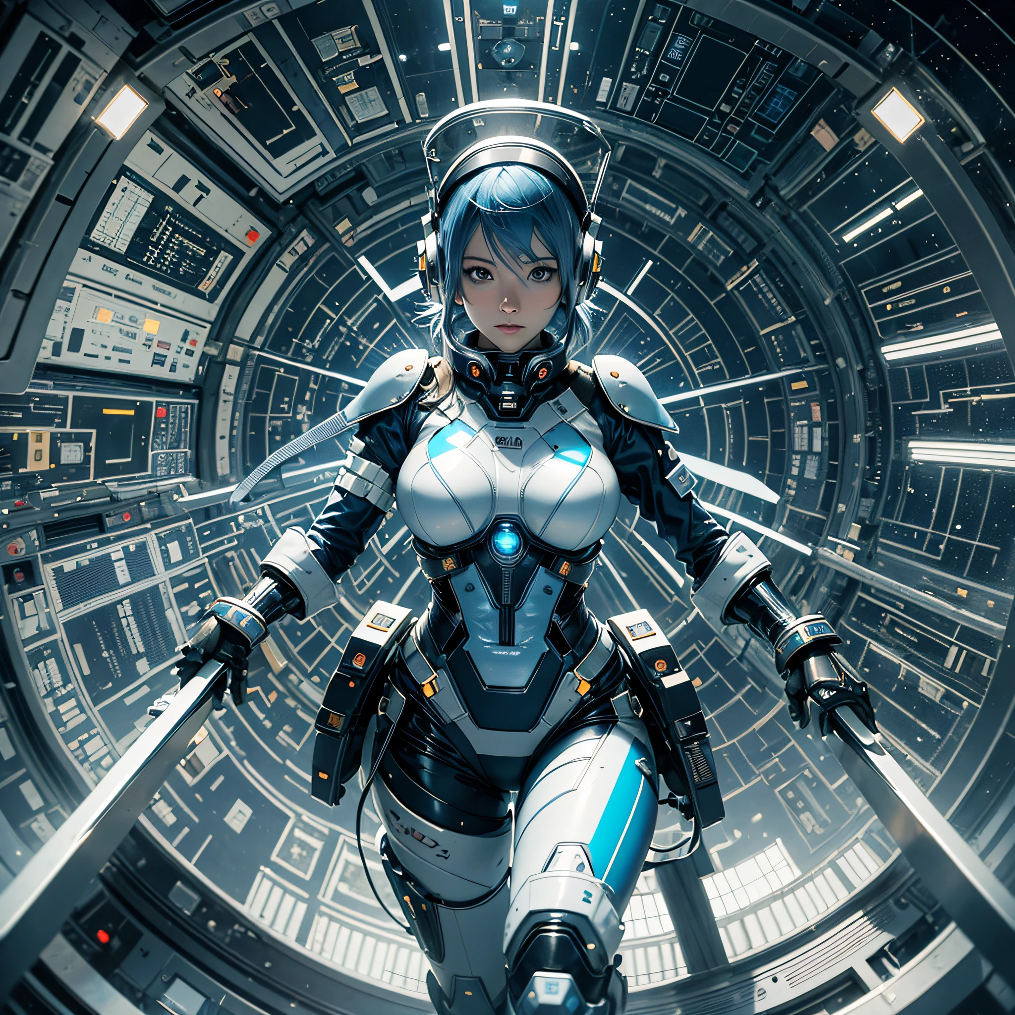 Full body, blue hair, blunt van, masterpiece, top quality, official art, album art, very elaborate CG Unity 8K wallpaper, lone girl, Japan girl, full body, super high resolution, (photorealistic: 1.4), dynamic angle, dynamic pose, mystical power, floating particles, reflection, so cute, sparkling blue color eyes, golden hour lighting, Pilot suit in white and blue and black colors, tight fitting clothes, full-body covering clothes, knee boots, (puffy eyes), viewer looking, front-facing, beauty, medium breasts, shirt lift, metal wire, slim body, arm-length gloves, anime heroine, gentle smile, headset, helmet, detailed robot cockpit, super futuristic space
