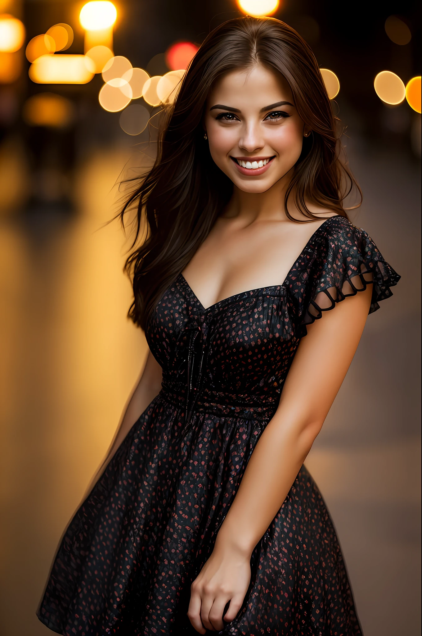 (sharp focus:1.2), photo, attractive young KariSweets , (beautiful face:1.1), detailed eyes, luscious lips, (cat eye makeup:0.85), (smile:1.2), wearing (dress:1.2) on a (night street:1.2). (moody lighting:1.2), depth of field, bokeh, 4K, HDR. by (James C. Christensen:1.2|Jeremy Lipking:1.1).