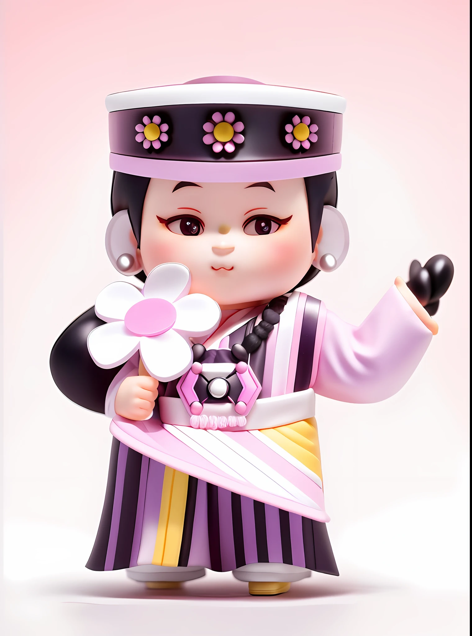 Blind box toy style, black hair cartoon girl in pink and dark purple Hanfu, holding a small white flower in one hand and pointing up with one hand, wearing a small ethnic hat with a yellow brim, black hat, a pair of round silver earrings on the ears, Chinese girl, ethnic girl, complex details, color follows the original picture, clean white background