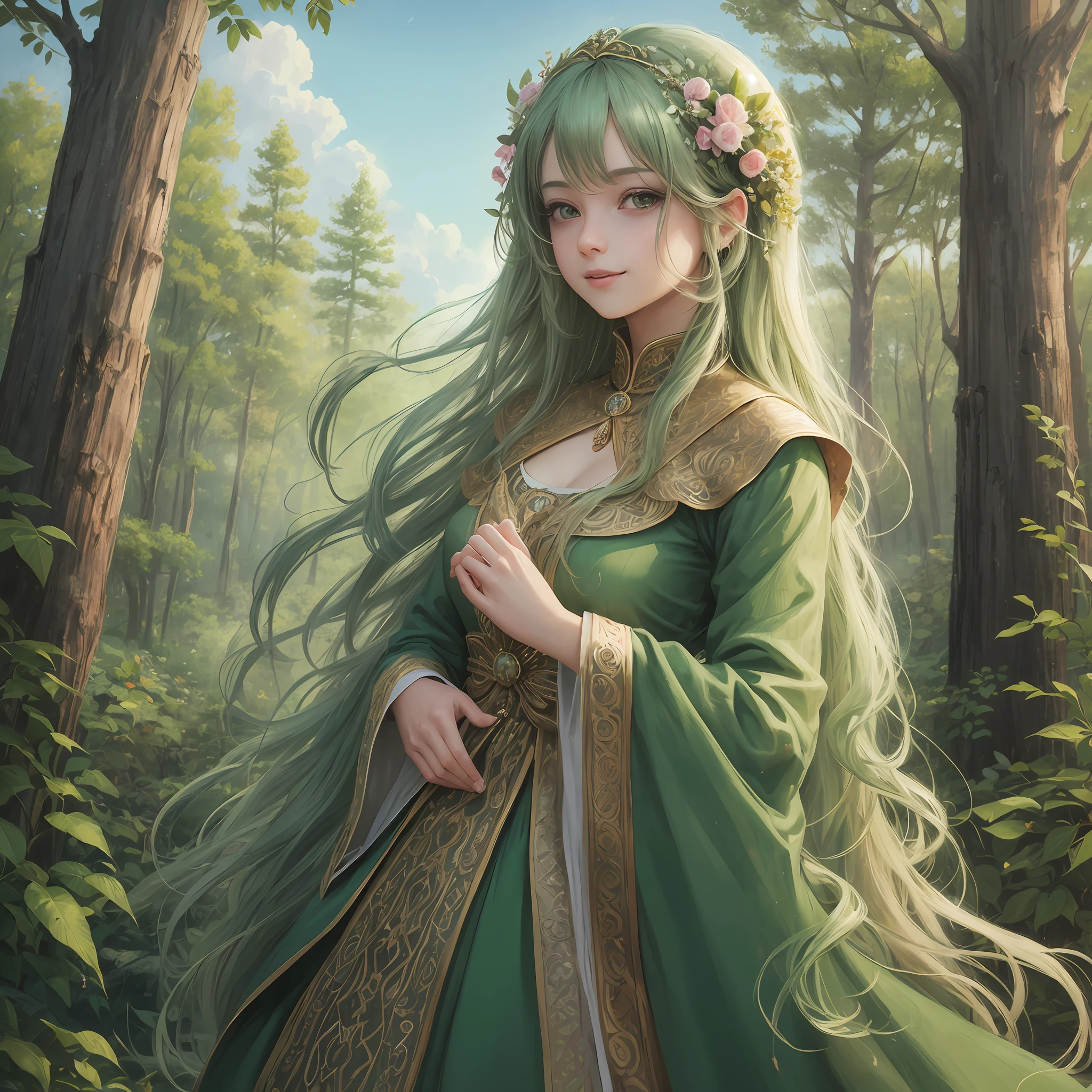 (8K, Best Quality, Masterpiece: 1.2), (Realistic, Realistic:1.37), Super Detailed, 1 Girl, Cute, Beautiful Detailed Sky, Medicine Garden Background, Forest Vista, (Nose Red), (Smile: 1.15), (Shut Up) Small Breasts, Maiden, Beautiful and Delicate Eyes, Long Green Hair, Sapling in Hand, (Long Hair: 1.2), Flowing Hair, Green Costume Long Dress --auto --s2