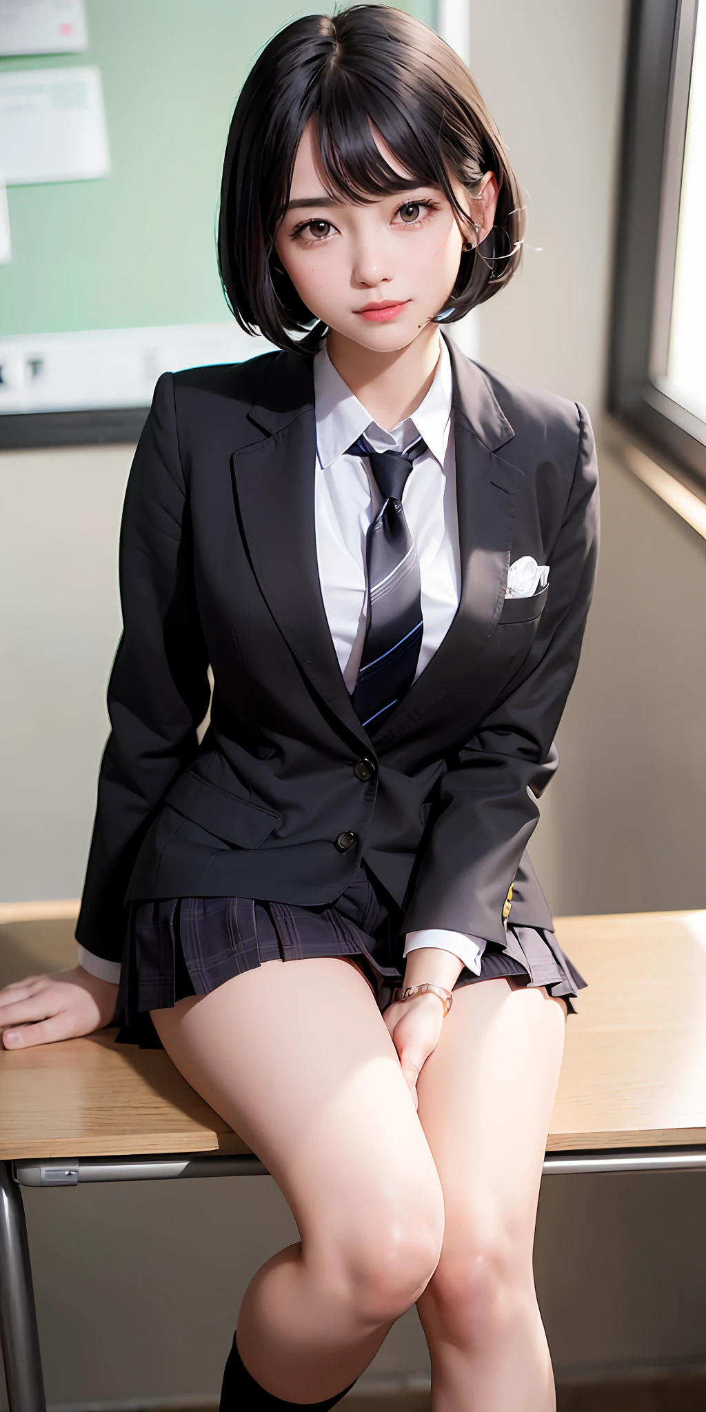 ((8k, RAW photos, top quality, masterpieces), high-definition RAW color photos professional close-up photos, (realistic, photorealism: 1.37), (highest quality), (best shadows), (best illustrations), collarbones ((big)), ((??????, sexy, ultra high resolution, high-definition CG unified 8K wallpapers, physically based rendering, movie lighting), (aegyo sal:1), 18 year old girl, (grey blazer, ribbon, socks, high school uniform: 1.2), high school classroom, beautiful detail eyes, light on the face, ((full body shot: 1.2)), especially strong light, (upper eyes, grinning smile:1.2),shiny skin, (((black hair, bob hair:1.2))), ( thick thighs), ulzzang-6500-v1.1:0.2, shy, (flash:1.2), NSFW , (puffy), ((seductive posture: 1.2, attractive: 1.2)), (idle), (sitting at a desk in classroom: 1.2)), ((good anatomy: 1.2)), ((bright and refreshing classroom, background blurred: 1.2)), perfect face, cute face, (high angle shot:1.2)
