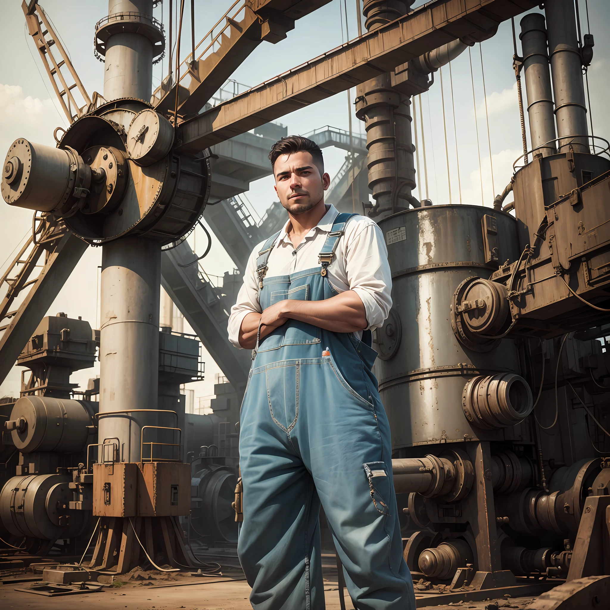 A worker in overalls stands proudly in front of his machinery --auto --s2