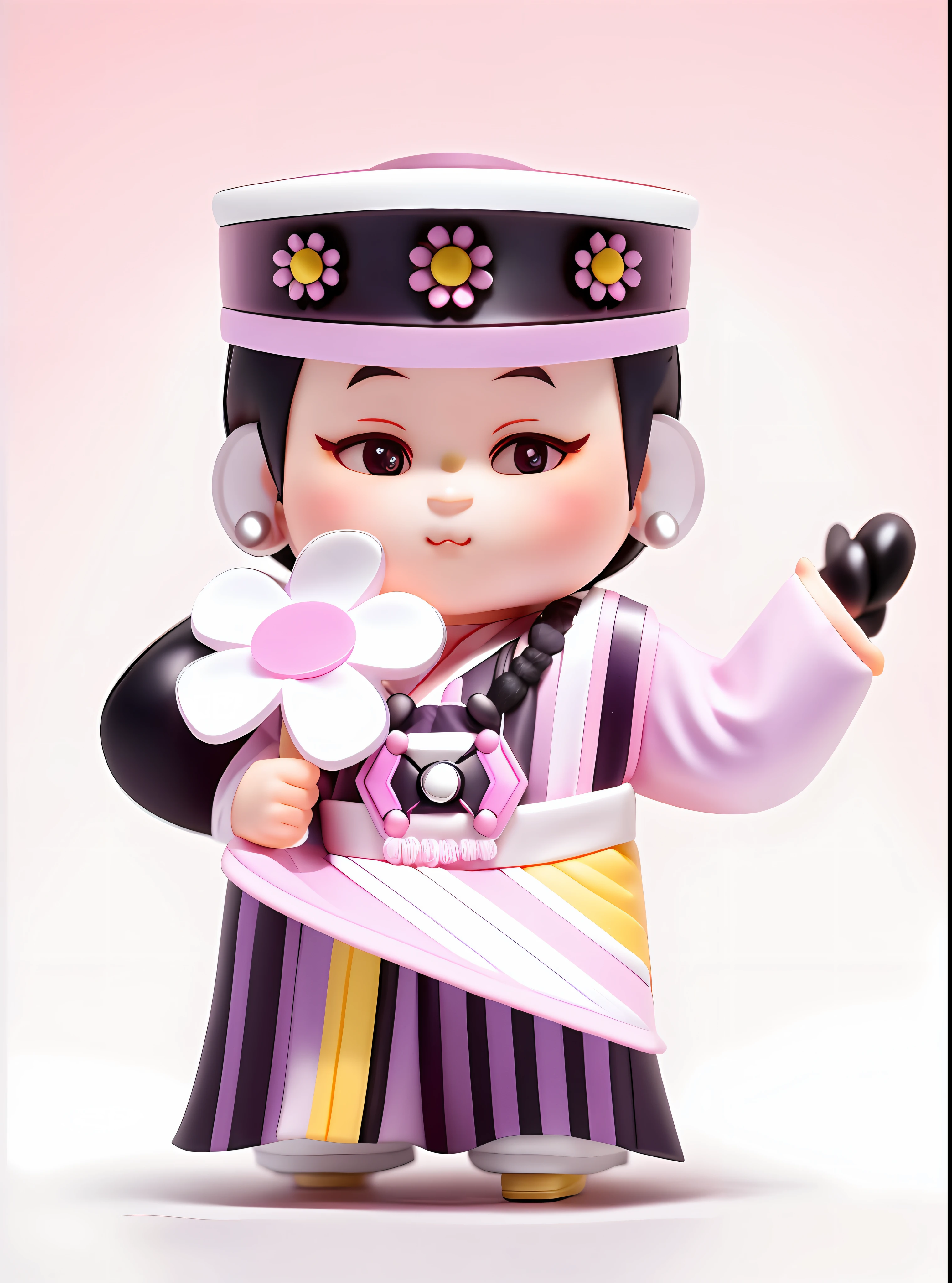 Blind box toy style, black hair cartoon girl in pink and dark purple Hanfu, holding a small white flower in one hand and pointing up with one hand, wearing a small ethnic hat with a yellow brim, black hat, a pair of round silver earrings on the ears, Chinese girl, ethnic girl, complex details, color follows the original picture, clean white background