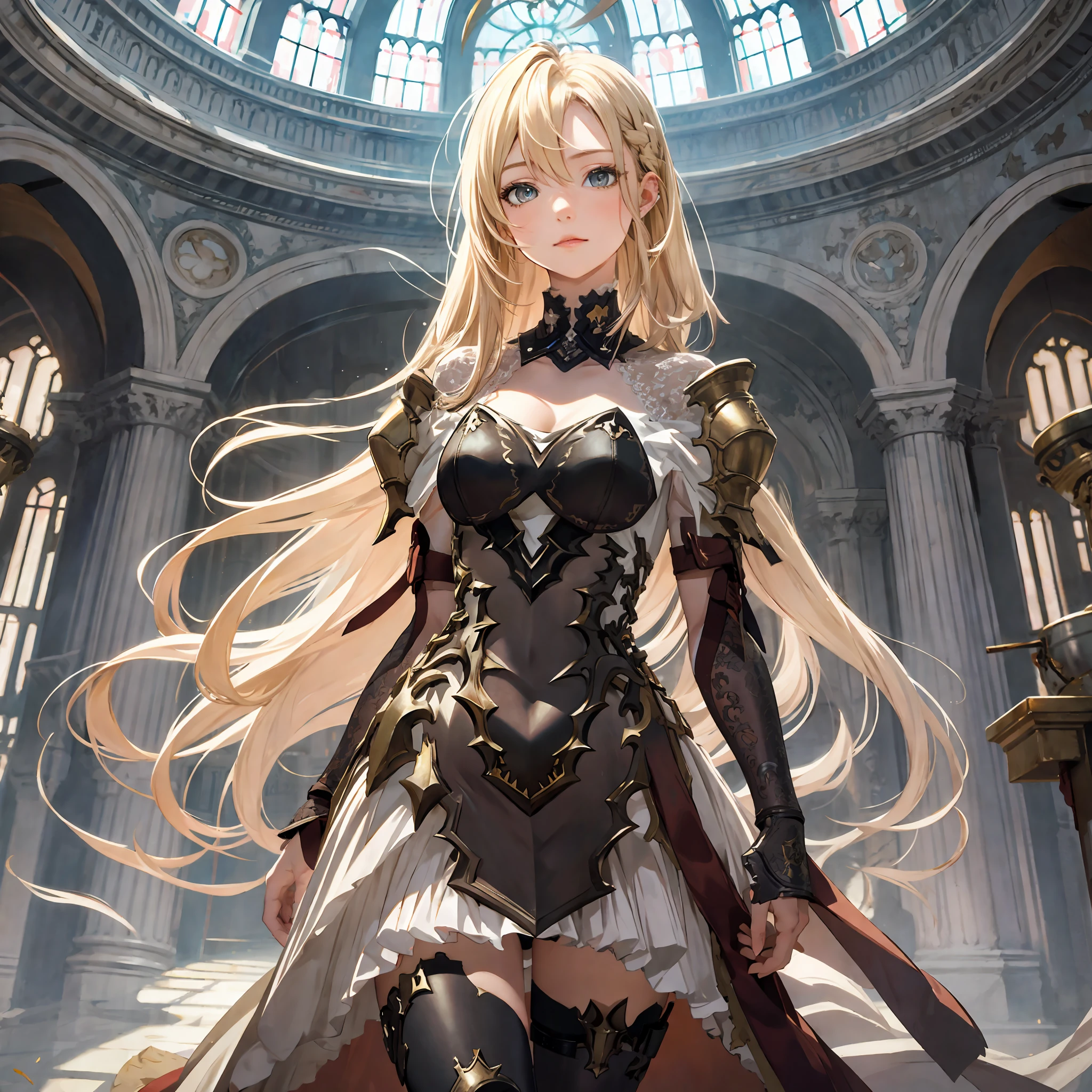 masterpiece, best quality, 1woman, adult, female focus, solo, blonde hair, long hair, vibrant brown eyes, looking at viewer, High quality metal texture, closed mouth, bangs, high collar,(kbxll:0.6), Fantasy aesthetics, Highly detailed, shadowverse style, full body