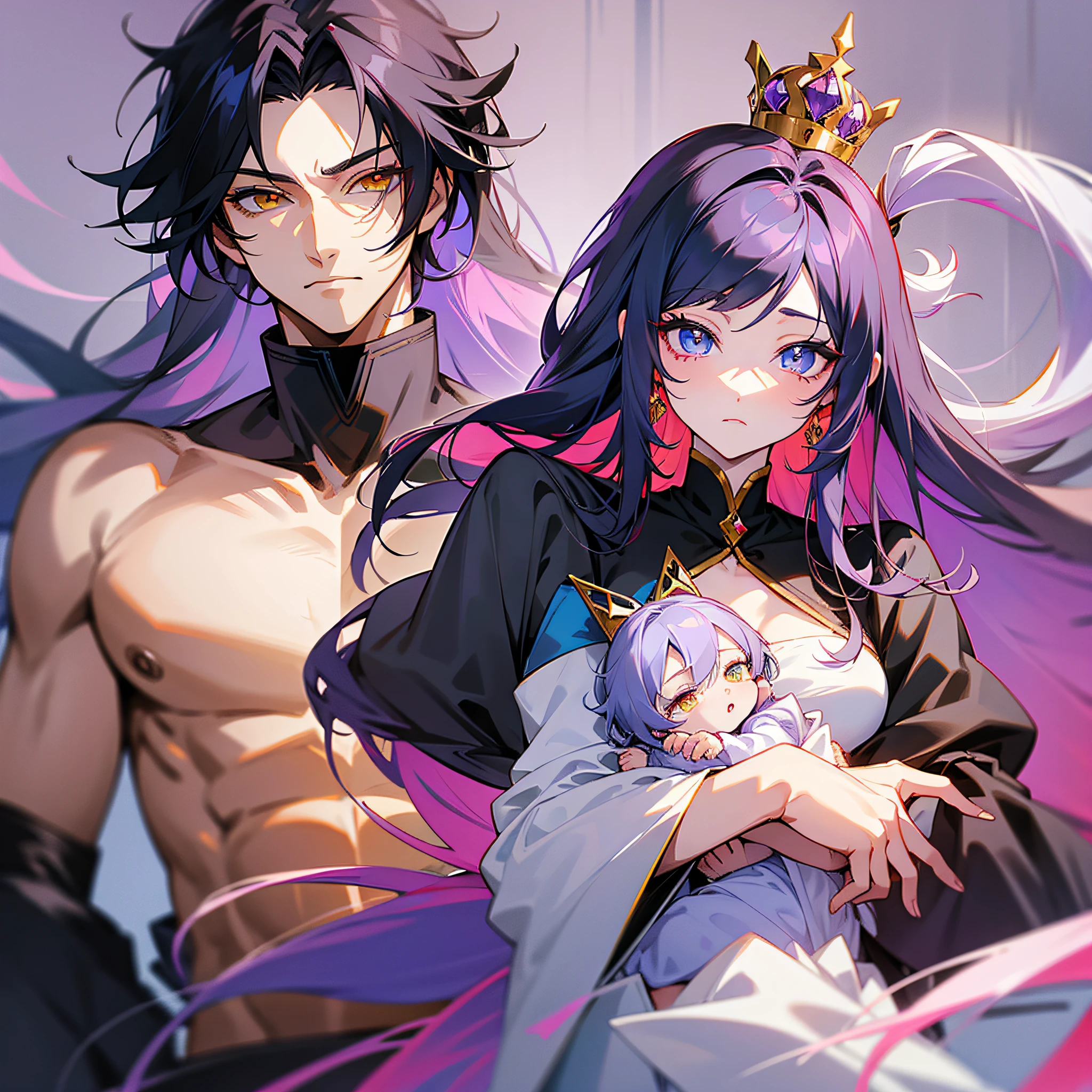 Anime style, animation, , black hair, blue eyes, prince, adorable, royalty, 1 man with long red hair and yellow eye, with 1woman woman with long white hair and lilac eyes --auto --s2