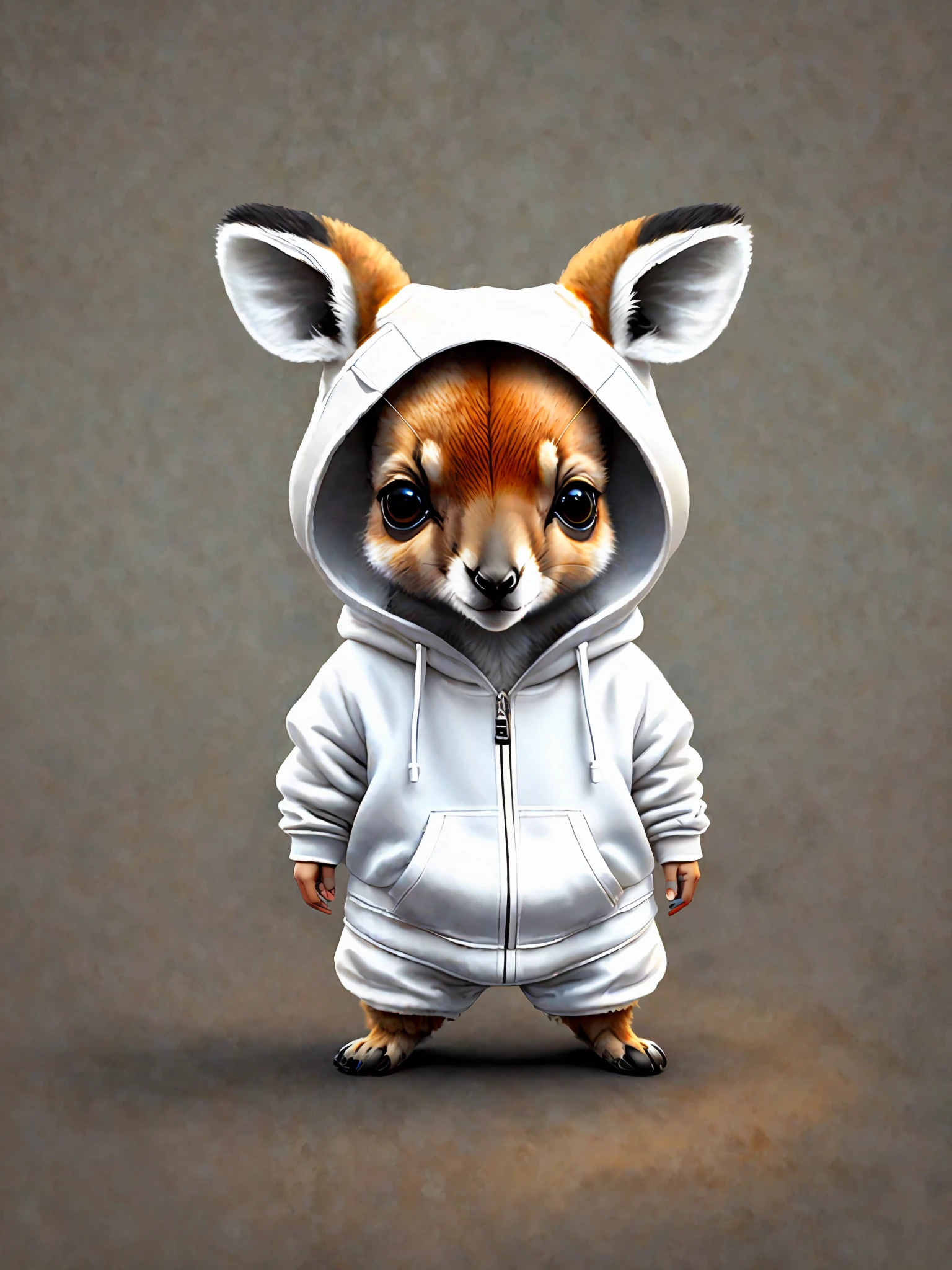a painting of a small kangaroo, trend in the art station, dressed in white clothes, detailed hyper realistic rendering, gang member, street style, intimidating pose, planet of the kangaroos, stylish white clothing