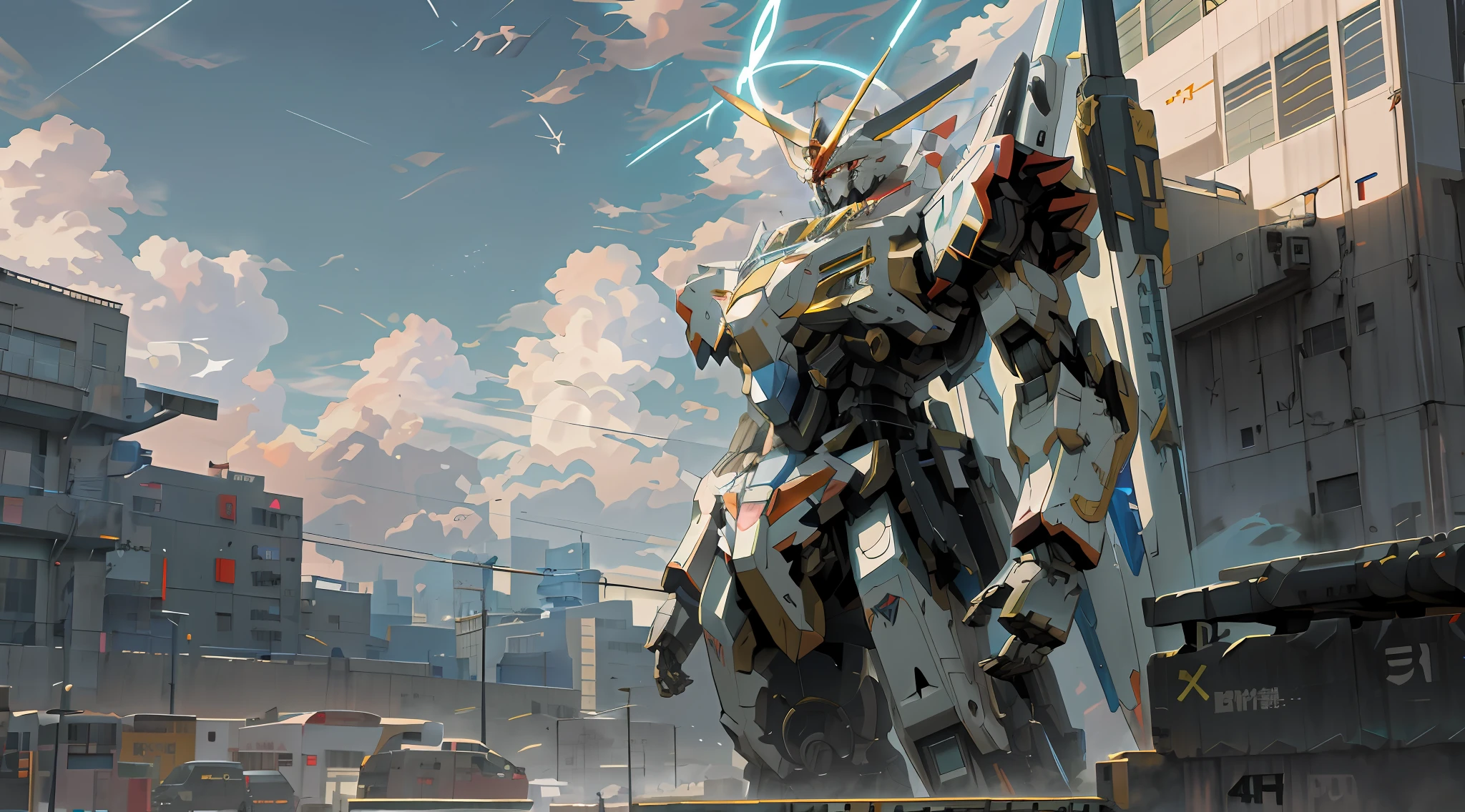 anime - style artwork of a giant robot standing in a city, modern mecha anime, by Krenz Cushart, alexandre ferra white mecha, mecha art, 4k anime wallpaper, anime art wallpaper 4 k, anime art wallpaper 4k, best anime 4k konachan wallpaper, mecha asthetic, inspired by Krenz Cushart