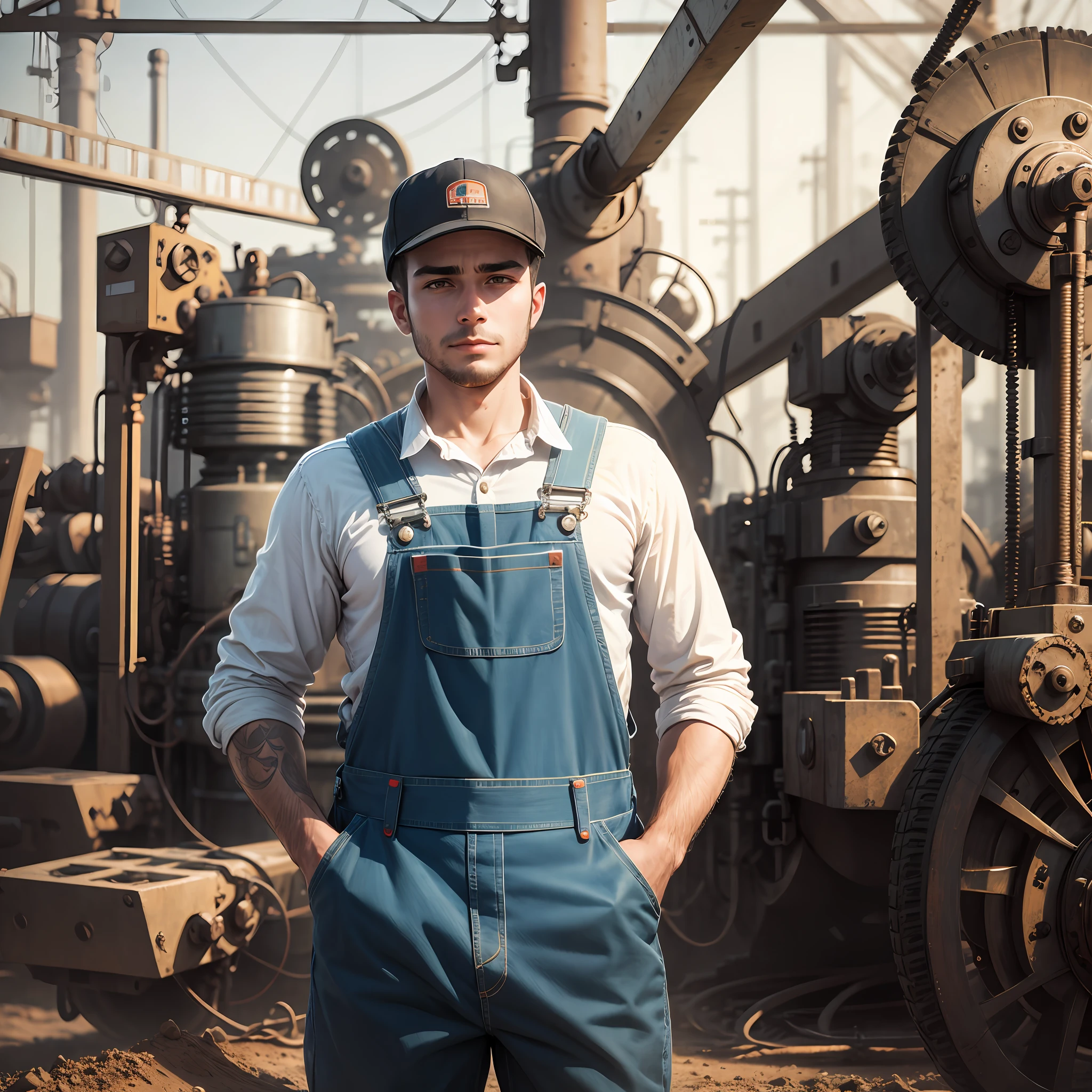 A worker in overalls stands proudly in front of his machinery --auto --s2