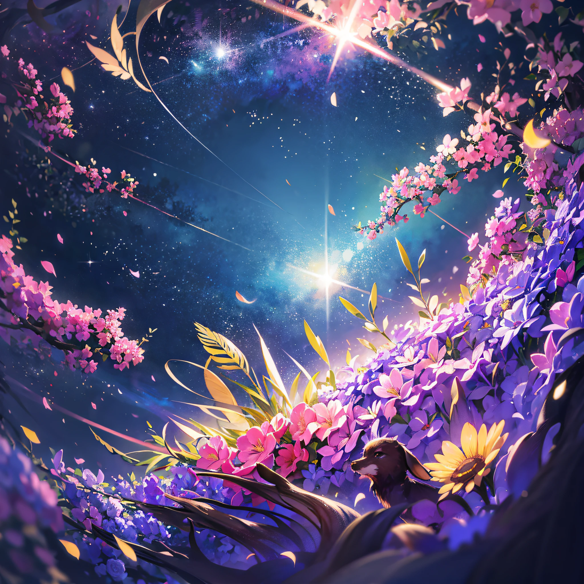 A place filled with vibrant flowers, with a sky adorned by sparkling stars. The flowers bloom in an array of colors, creating a breathtaking sight that stretches as far as the eye can see. The sky above is a canvas of twinkling stars, casting a magical glow over the entire scene. Photo taken by Richard Avedon with a Hasselblad X1D II 50C, Award Winning Photography style, capturing the essence of nature's beauty. The lighting is a mix of soft studio lighting and volumetric lighting, enhancing the ethereal quality of the image. 8K, Ultra-HD, Super-Resolution. --v 5 --q 2 --auto --s2
