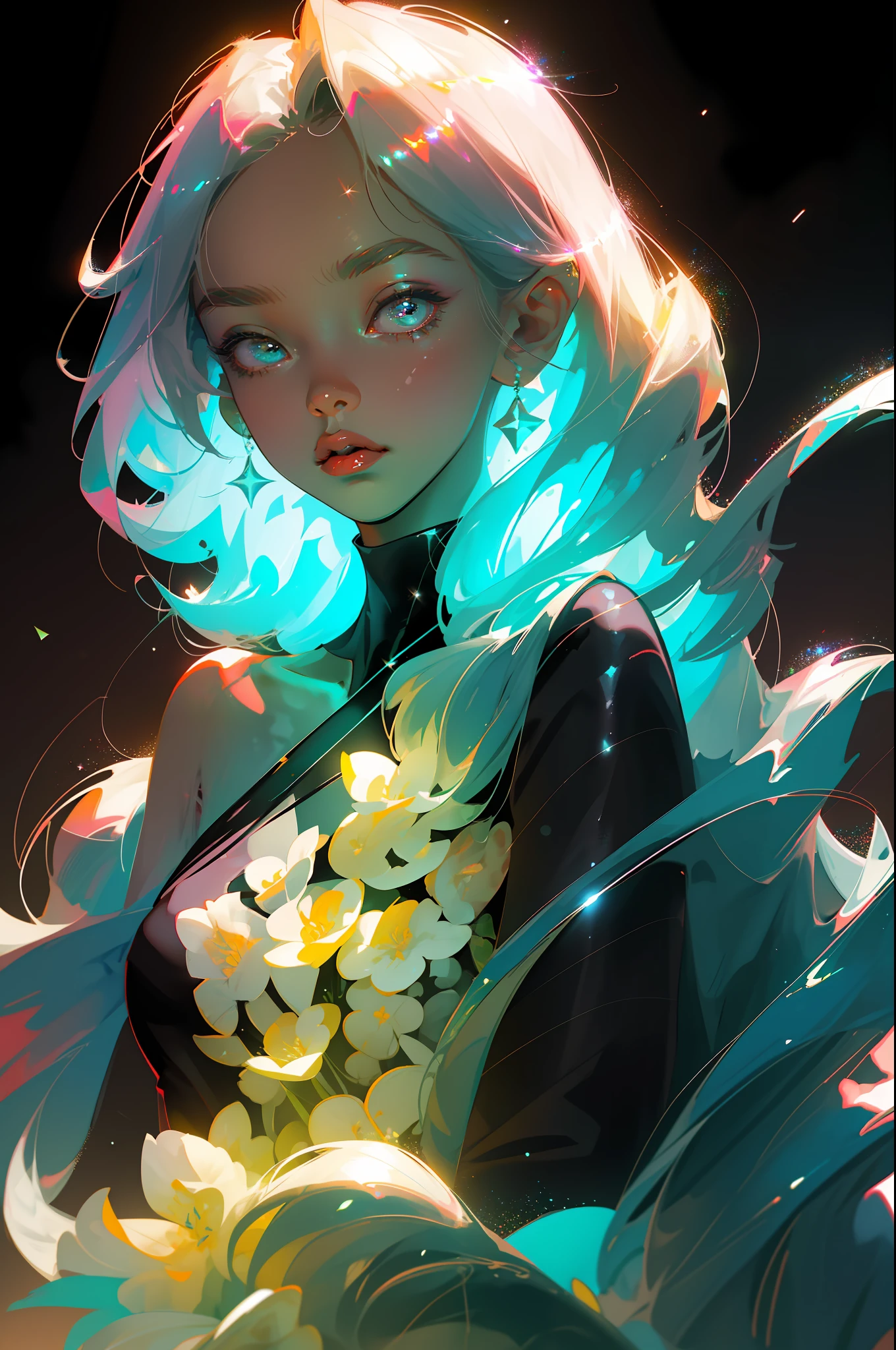 Masterpiece, best quality, super high resolution, fluorescent color,
1 girl, looking at the audience, beautiful face, beautiful eyes, (bare shoulder: 1.2), head up, upper body, forest, shiny hair, shiny skin, glowing cut, chibi, hands not shown: 1.5, black starlight dress, particles