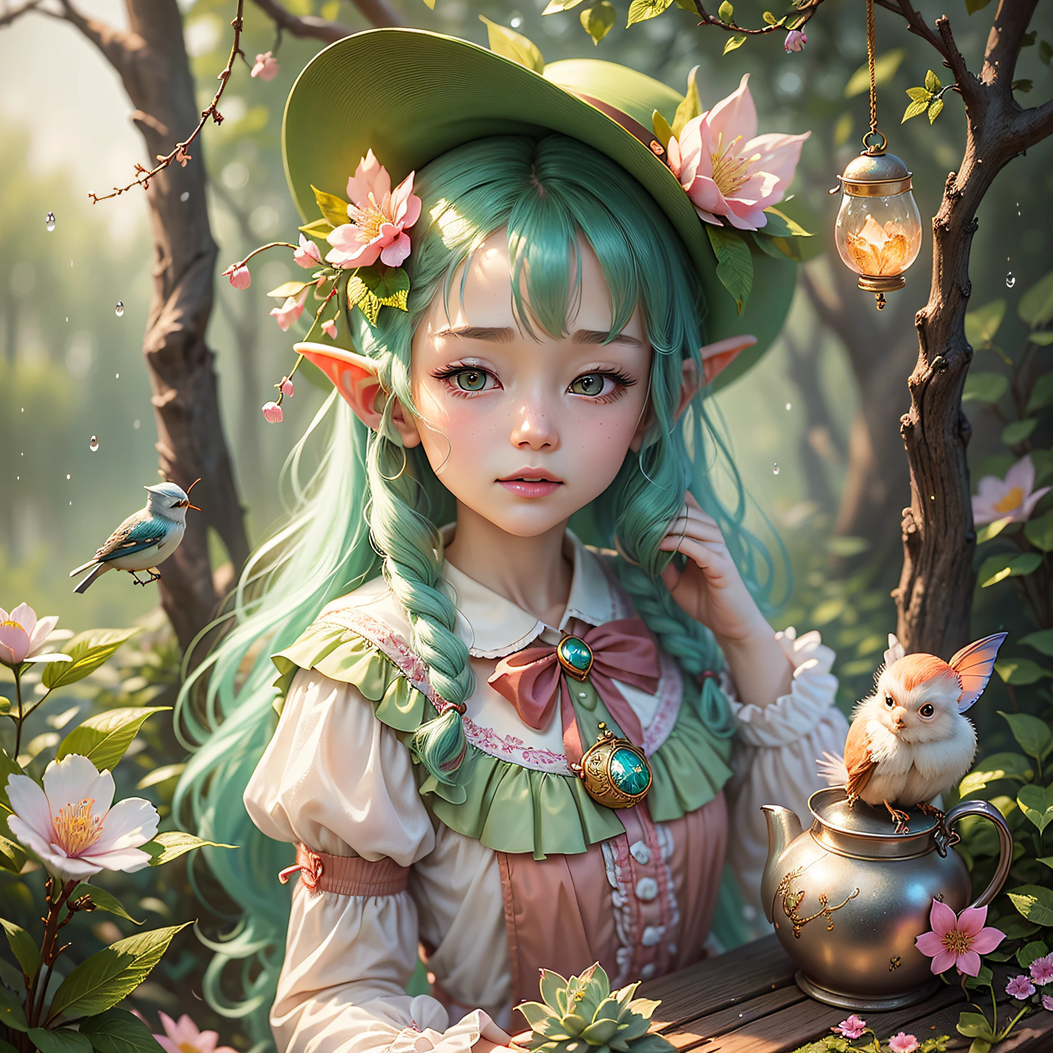 (Wonderland + Fairy Tale Style: 1.2 + Feminine Art Style), (Diorama Set + Fairy Tale Characters + Soft Focus + DOF: 1.3), Slender and Soft, (Girl+2 Leprechaun), Insect, (Bird+Teapot+Flower+Magic Door+balloon+Swing), Elf Ears + Dotted Red + Straw Hat, Long Dark Green Hair, Glazed Eyes, Peach Blossom Rain + White Mist, Water Drops + Sparkling Stars + Light and Shadow Rendering+GIF effect: 0.5. --auto --s2