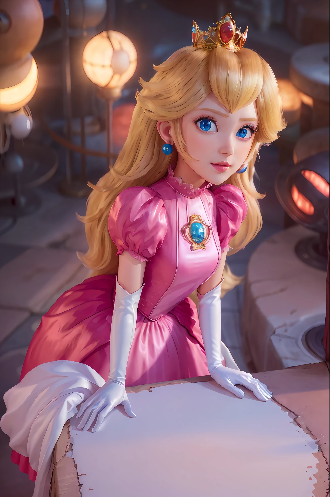 (masterpiece, best quality, highres: 1.4), absurdists, 1girl, big chest, star eye, (peach princess), blush, (realistic: 1.5), blue eyes, happy, BREAK, pink dress, cute girl, white arm glove, from above,
cowboy shot, perfect lighting, distinctive, looking at viewer, side lighting, perfect face, detailed face, bangs, perfect body, beautiful eyes, beautiful face, shiny skin, idol, 
Cyberpunk City, bustling with neon signs