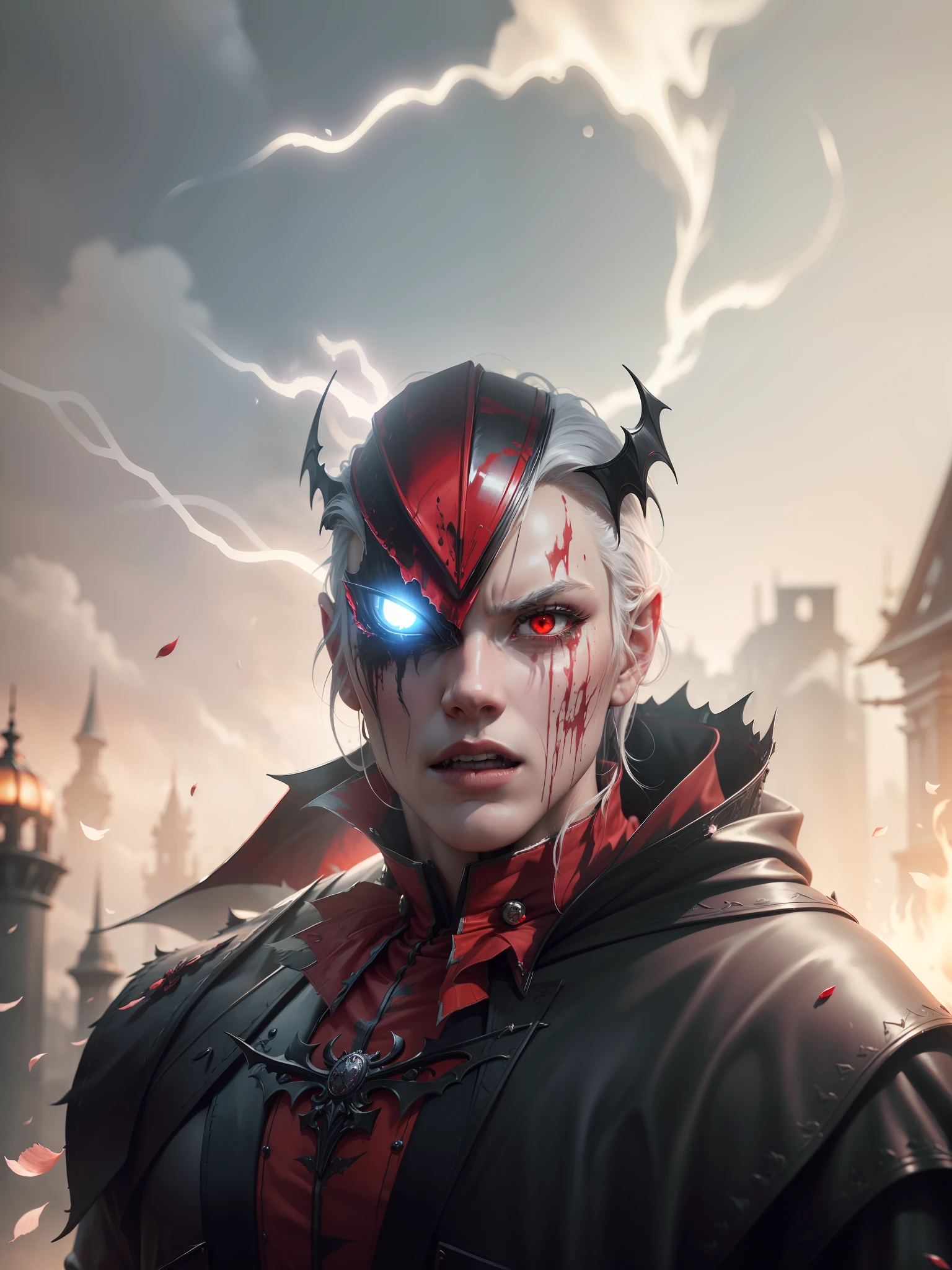 "(highly detailed 8k wallpaper), dramatic scenes, terrifying vampire elders, mid-shot photos, floating in the darkness, battle poses, blood glue of the victims, old coats with patterns, raining coins and petals, red eyes, silver hair, bright red blood, dark kicks, purple outstretched nails, soft clouds, mysterious drops of water."