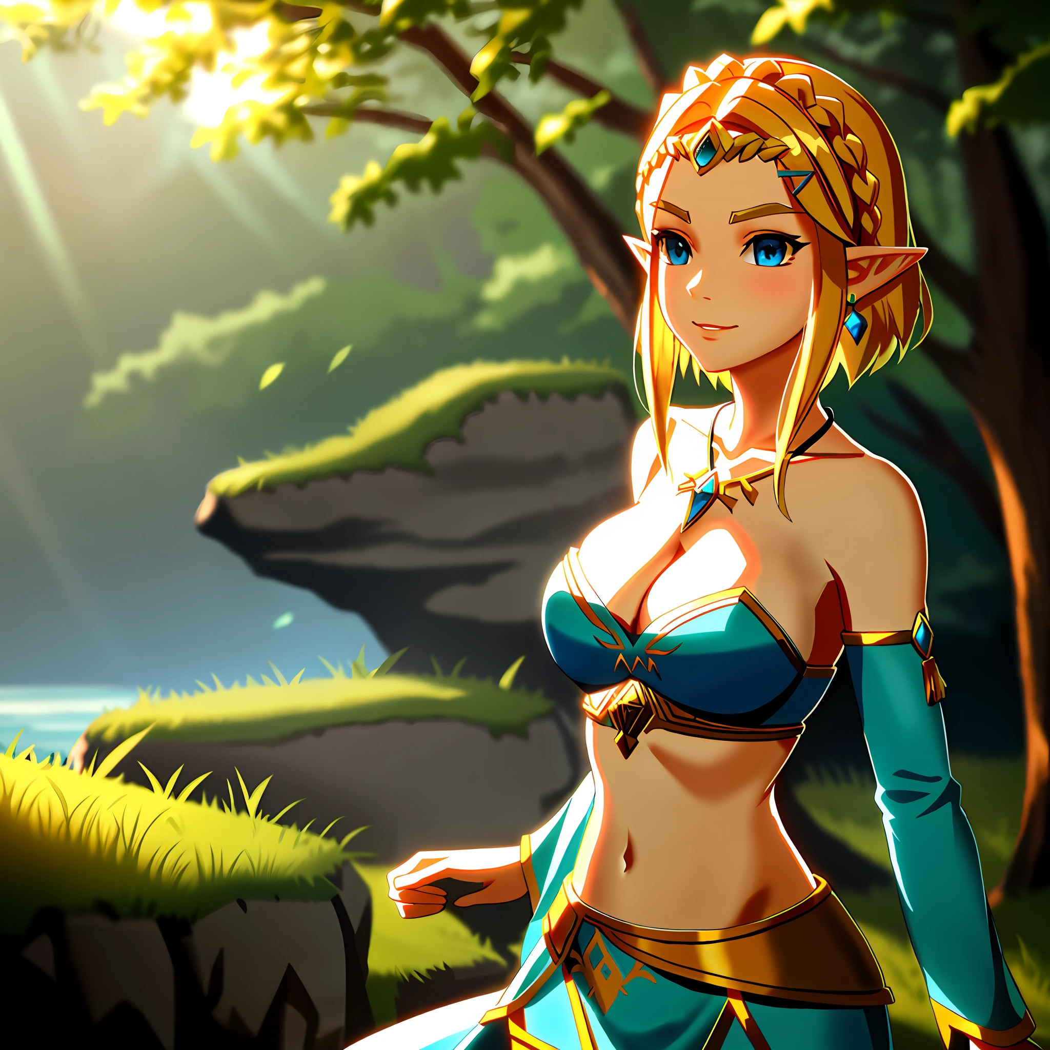 ZeldaBOTW, princess zelda, 1girl, jewelry, pointy ears, blonde hair, crown braid, long hair, triforce, solo, earrings, strapless, bare shoulders, bare stomach, bare arms, micro bikini, braid, large breasts, cleavage, necklace, sleeveless, upper body, blue eyes, looking at viewer, smile, thick eyebrows, alternate costume, hair ornament, hairclip, collarbone BREAK BREAK Procedural landscape generation, fantasy-specific post-processing effects, advanced cloud shading, dynamic foliage, adaptive environment reflections, light probes, multi-bounce indirect lighting, color harmony BREAK High-quality normal mapping, subsurface scattering v2, eyelid shadows, lip compression, dynamic facial asymmetry, translucency, backscattered light, artistic portrait lighting, highres