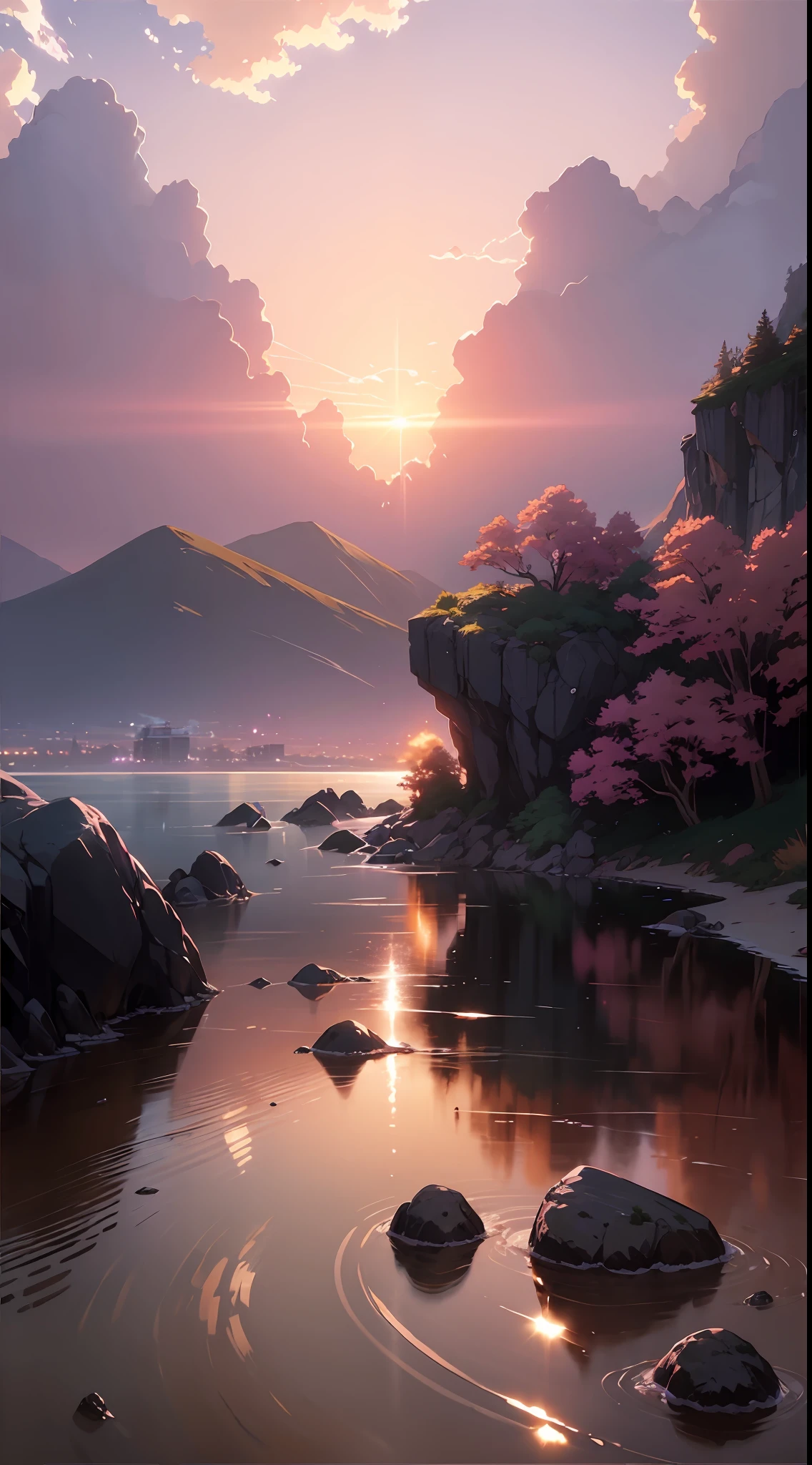 There is a small pool of water on the rocks by the sea, low camera angle at the water level, nature documentary stills, highly detailed watercolor 8K, highly detailed watercolor 8K, time-lapse, long exposure 8K, 8K HDR sunset lit, sunset colors, most beautiful sunset, full light, (((Makoto Shinkai style)), pixiv, anime painting, high quality, pink and purple sky, beautiful scenes), (universe, train passing by, magical realism, ((makoto shinkai style)) ::0.8), [Art Atmosphere, Vibe: 0.8, Hills, Sparkling Water, Smoke, Low Perspective, Specular Scattering.]