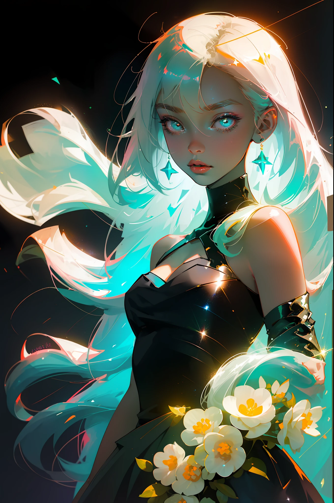 Masterpiece, best quality, super high resolution, fluorescent color,
1 girl, looking at the audience, beautiful face, beautiful eyes, (bare shoulder: 1.2), head up, upper body, forest, shiny hair, shiny skin, glowing cut, chibi, hands not shown: 1.5, black starlight dress, particles
