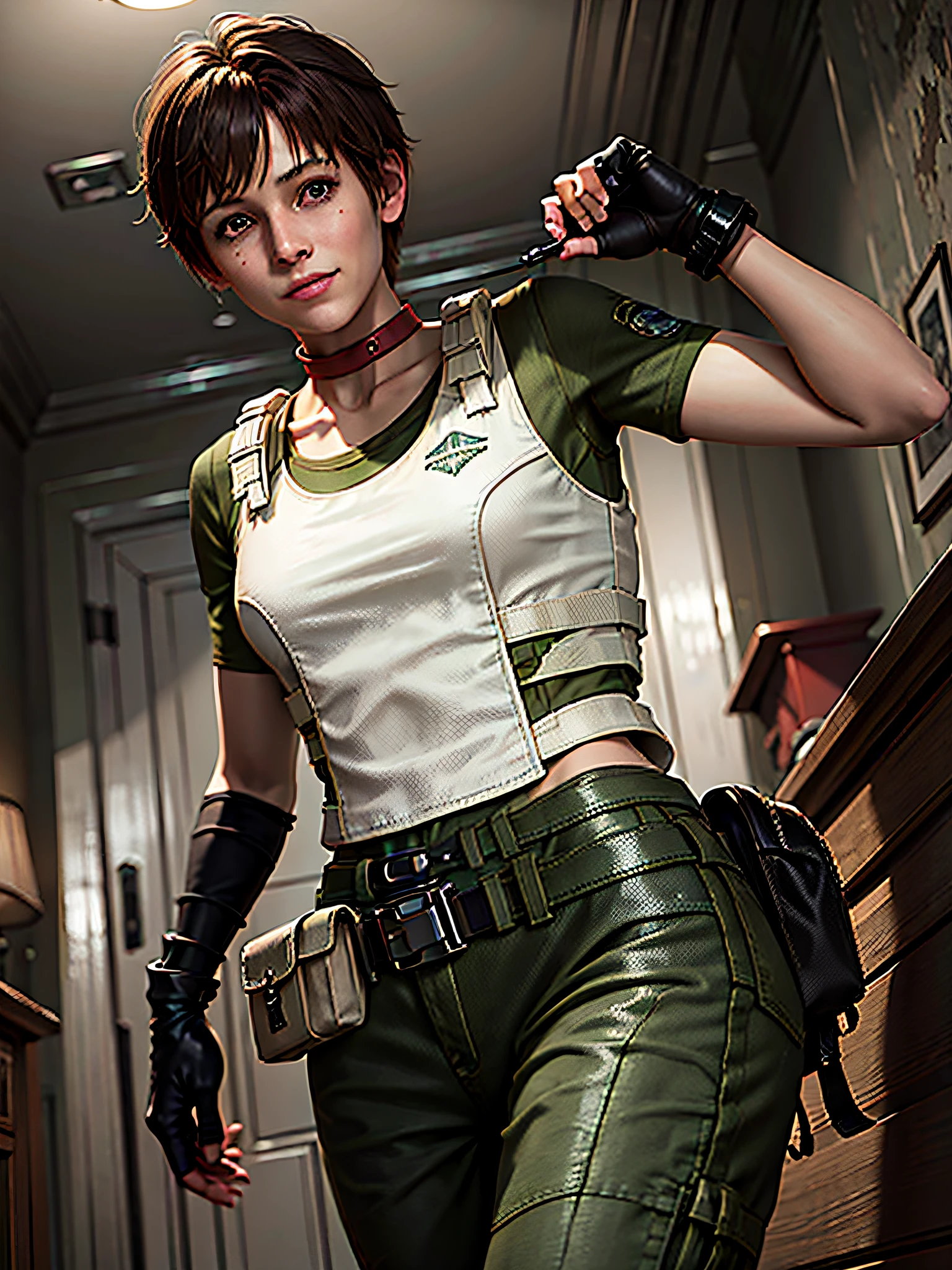 1girl, solo, Rebecca Chambers, re1costume, masterpiece, best quality, high resolution:1.2, ultra-detailed, illustration, S.T.A.R. uniform,  smiles, looking at viewer, Indoors, black gloves, night, med kit, volumetric lighting, upper body shot