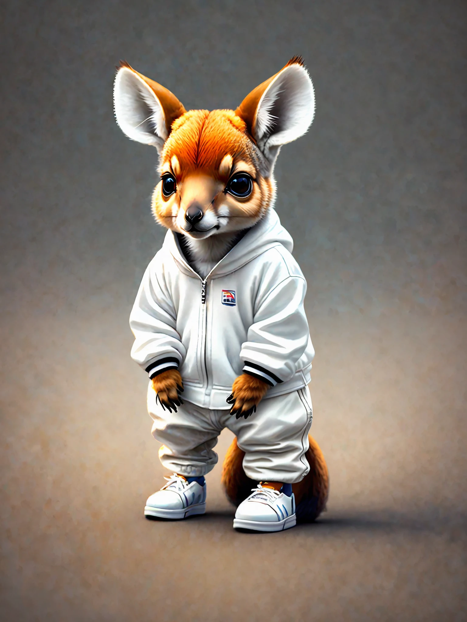 a painting of a small kangaroo with tail, trend in the art station, dressed in white clothes, detailed hyper realistic rendering, gang member, street style, intimidating pose, planet of kangaroos, stylish white clothing