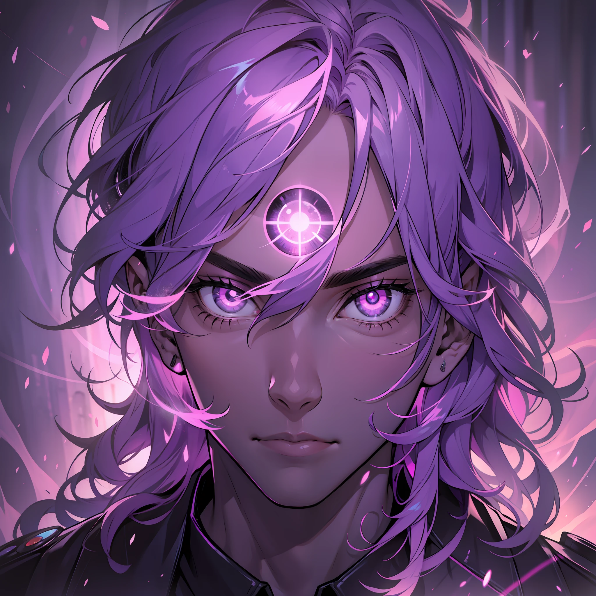 a man with purple glowing eyes, close up, head shot