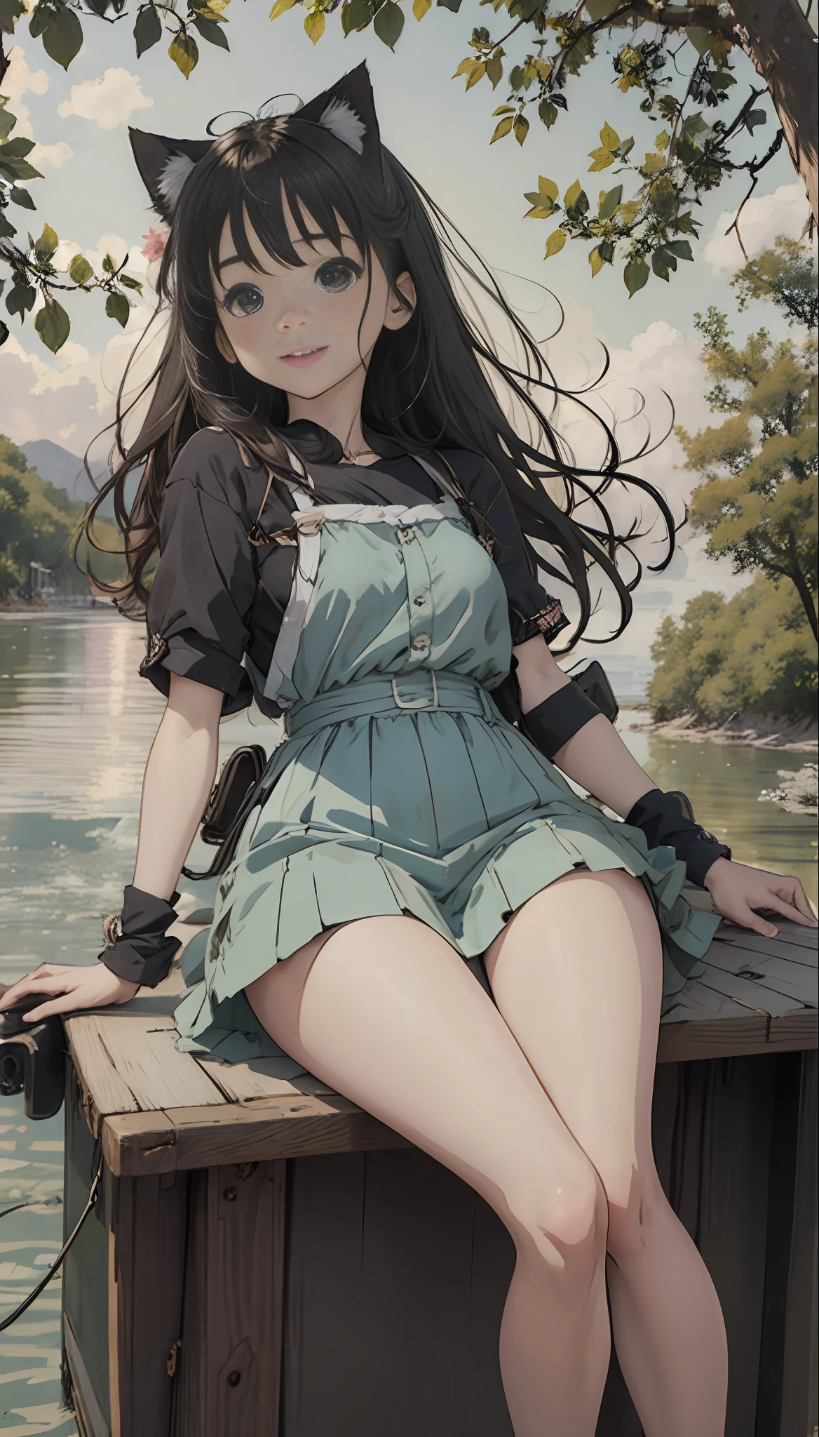 Anime girl sitting on a boat with a cat on the dock, 16 years old, a cat on the table, enjoying her time in an empty field, surrounded by the beauty of nature, warm sunlight sprinkling on her, wildflowers gently swaying in the breeze. Butterflies and birds flying around her add to the playful atmosphere, anime visuals of cute girls, portraits of cute anime girls, cute detailed digital art, anime style portraits, beautiful anime portraits, digital anime illustrations, cute anime girls, detailed portraits of anime girls, anime style illustrations, kawaii realistic portraits, cute anime girl portraits, detailed fan art, young anime girls, detailed digital anime art, black hair, hair bow, smile, gaze level shooting, Ghibli-like colors, first-person perspective, UHD