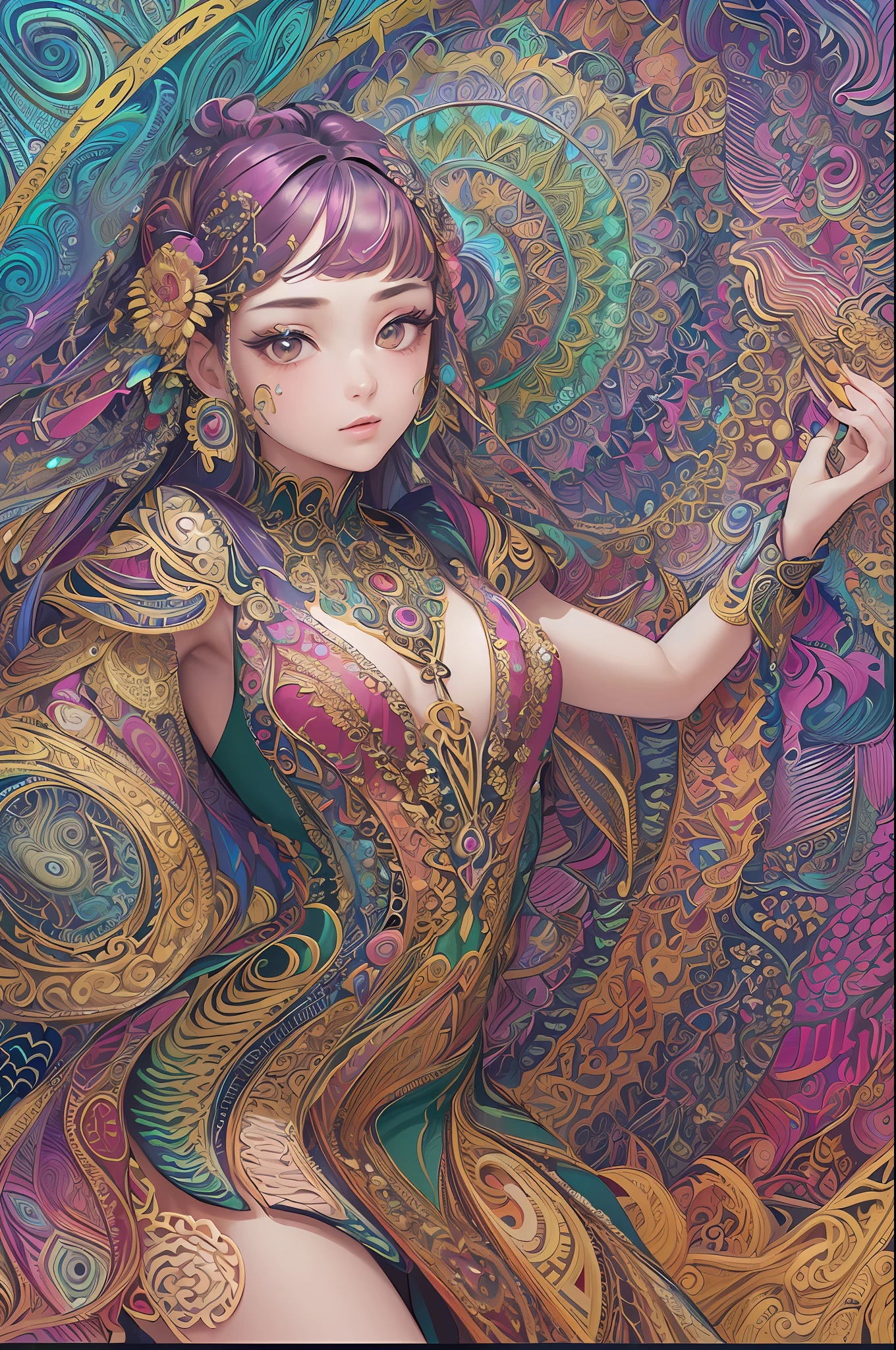 (masterpiece, top quality, best quality, official art, beautiful and aesthetic:1.2), (1girl:1.3), extremely detailed,(fractal art:1.2),colorful,highest detailed,(zentangle:1.2), (dynamic pose), (abstract background:1.5), (treditional dress:1.2), (shiny skin), (many colors:1.4), upper body --auto --s2
