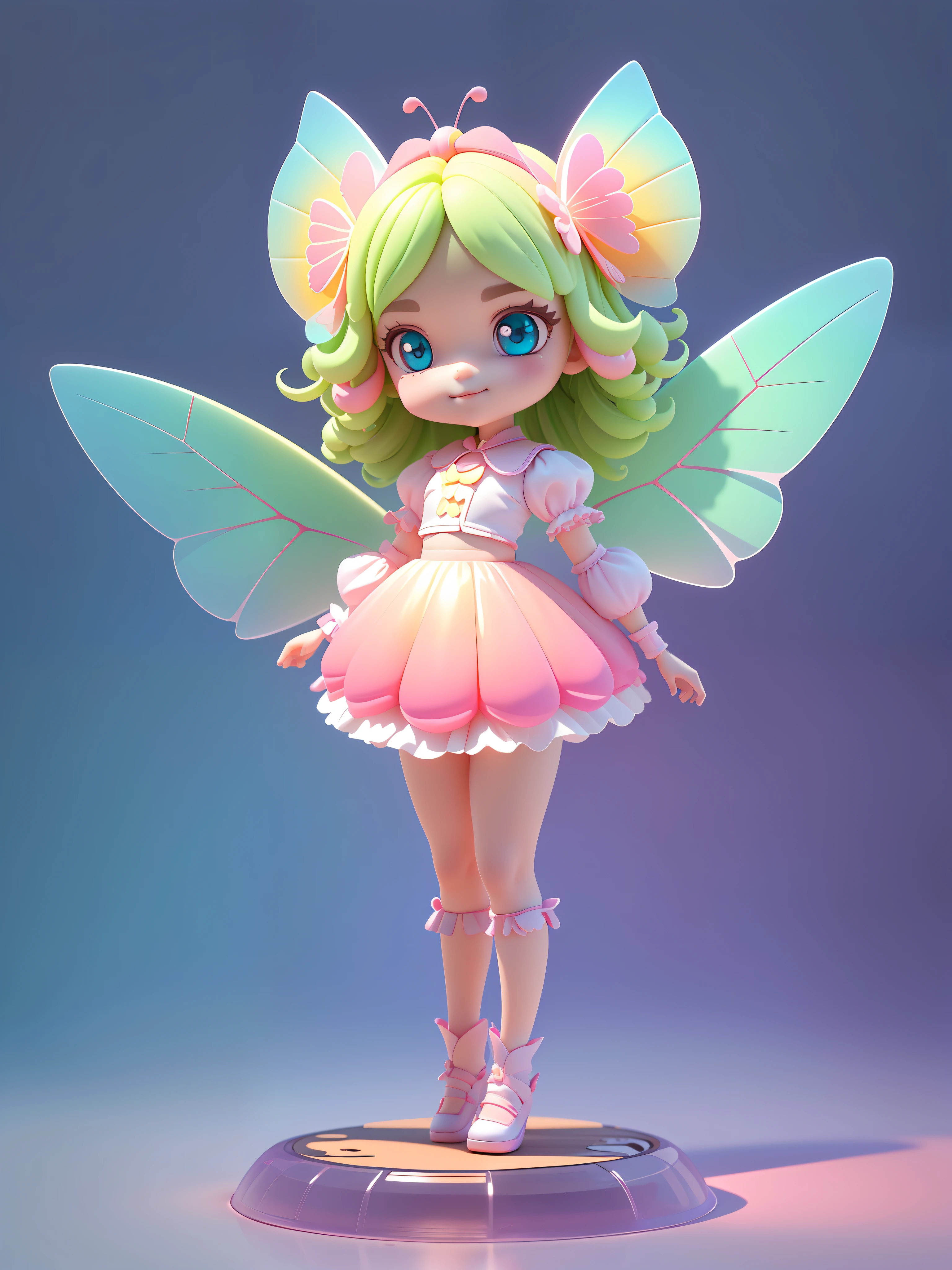Detailed plastic material, (same character, front, side, back)) best quality, (very detailed model), (best quality), octane rendering, ray tracing, very detailed, 3D toy, exaggerated giant hair, little girl (full body) (3D hair, cute hair accessories, ((kids)), beautiful eyes, cute big eyes, cute face, pink green gradient, drum skirt, cute skirt, chib, fluorescent translucent, colorful, plastic, children, transparent, product design, glowing jelly, Delicate and cute plastic, beautiful light and shadow 3D, digital art, translucent plastic bubblegum, close-up, 3D, super detailed, generate front view, side view, rear view three views, borderless, c4d, Octane rendering, Blender, HD, full body, simple background! Butterfly wings) (((body symmetrical left and right))) (smile) (full body portrait) (skirt to knee) (butterfly fairy) (fly up) (a girl) (face light) (skirt to knee) (skirt to knee) (skirt covers thighs) (and detailed details) (masterpiece) (stand up straight) (beautiful butterfly wings) (translucent) (glow)