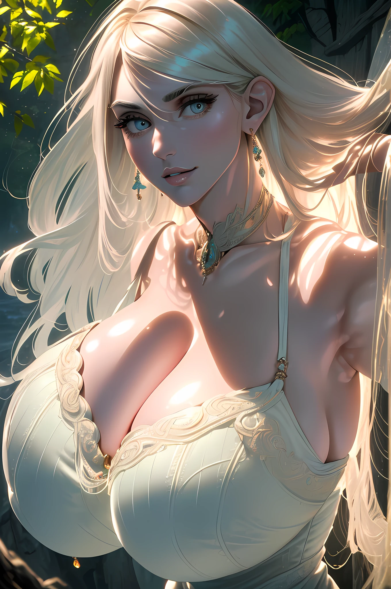 (Best Quality,Unparalleled Masterpiece:1.4)Ultra-Detailed CG 4K,(Ultra-Detailed Clear Absurdly-Vivid Mint Big Eyes:1.2),Gorgeous Round Detailed Face(Voluptuous:1.4)Elf(Gigantic Breasts:1.8)(Voluminous Long Blonde Hair: 1.4),(Bangs, Sidelocks:1.2)Seductive(intricately detailed white dress:1.3)(Solo:1.4)(1Girl: 0.5)(Facing Viewer:1.2)(arms behind back:1.2)(Cowboy Shot:1.2)(from above:1.1),Skindentation(Curvaceous:1.4)(Curvy:1.4)(Bimbo: 1.4)(Normal Waist: 1.2)(Thick Lips: 1.3)small-nose(light smile: 1.2)Rocks,Trees, Plants,Bush,venusbody,squishing breasts