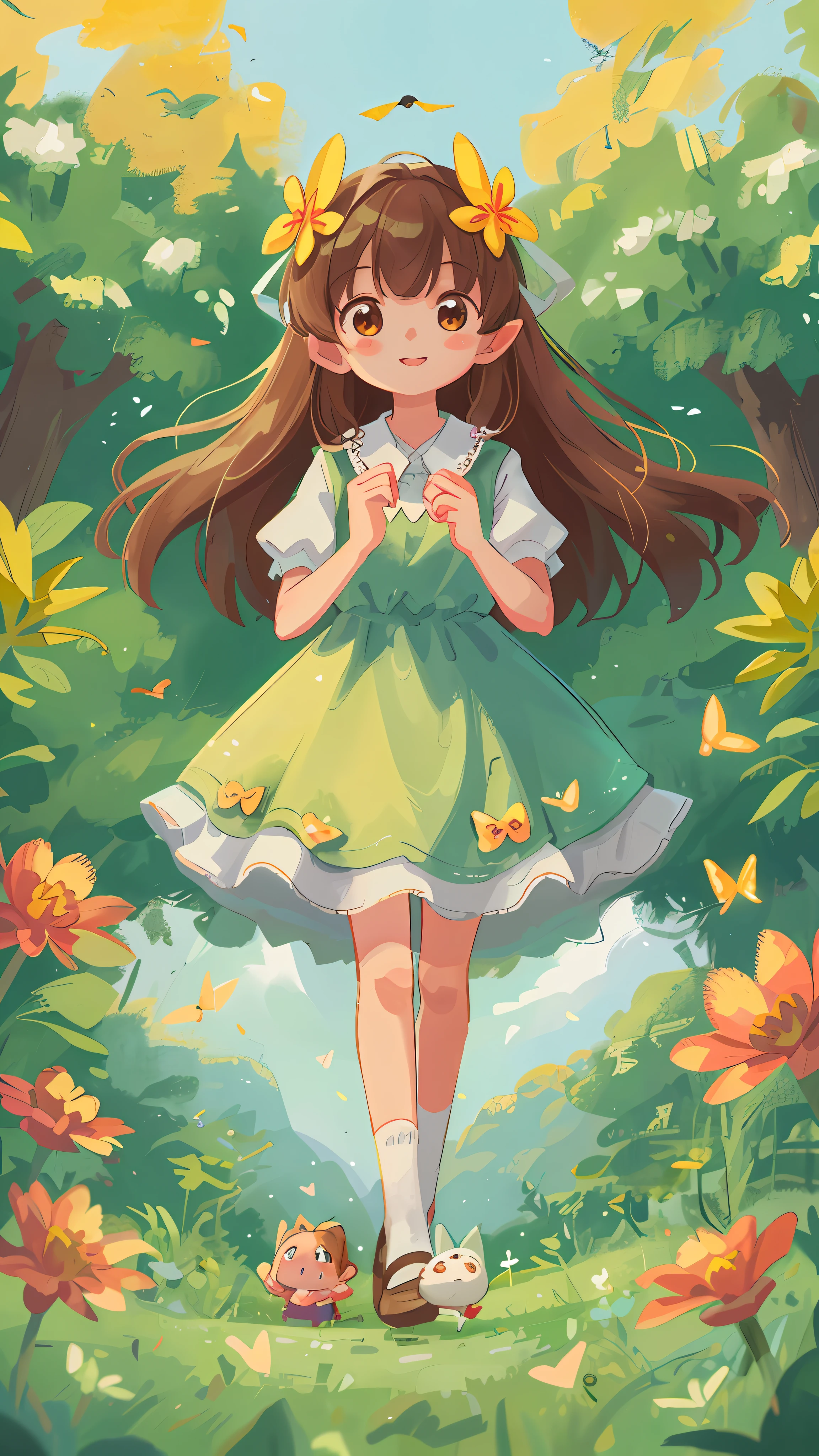 A girl in a green dress standing in a field of flowers - SeaArt AI