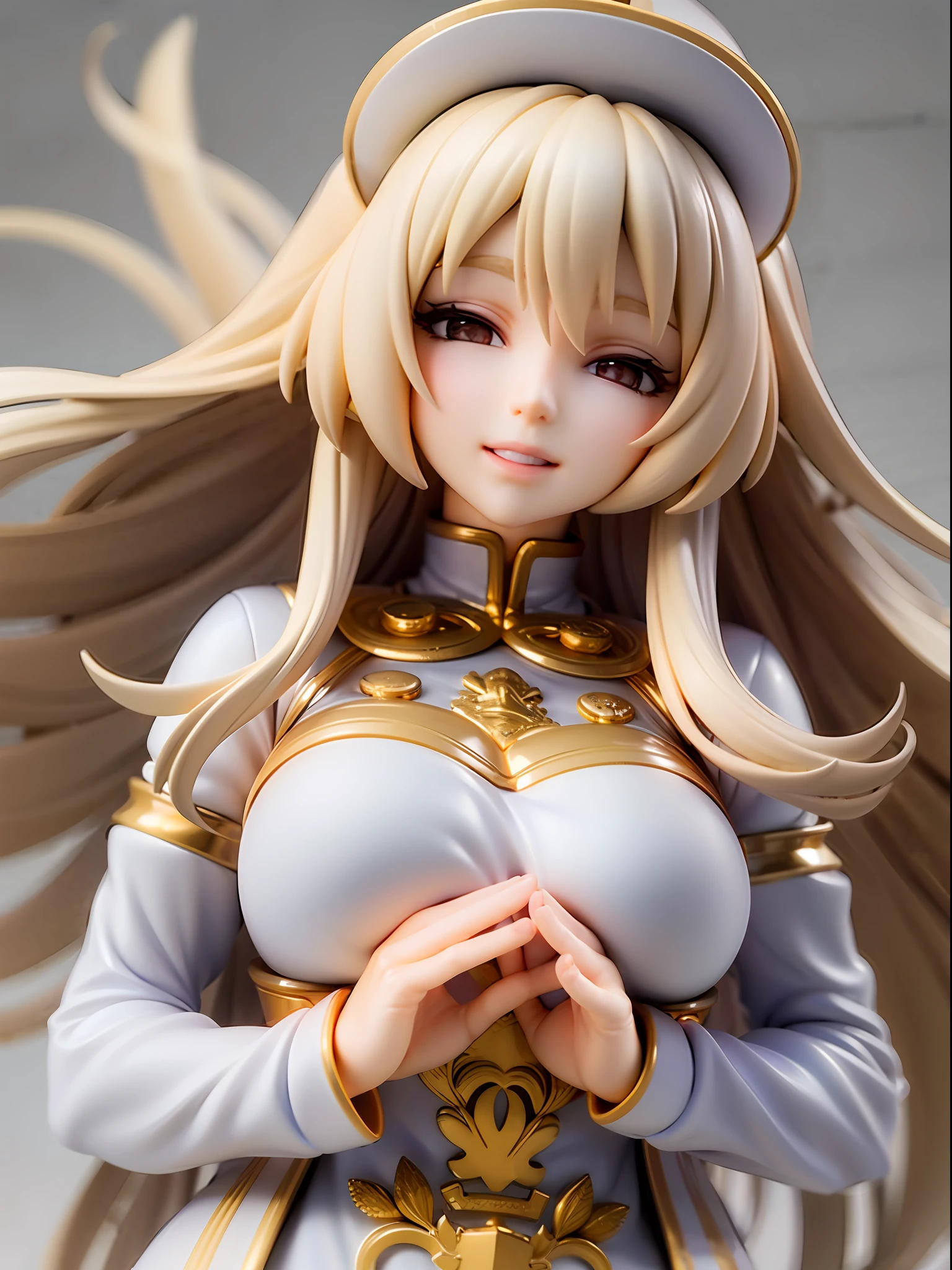 Godly light girl, white long hair, gold eyes, serene smile, simple dress in light gold and white, hands spread embracing light, surrounded by white light, front view, looking forward, average chest size,