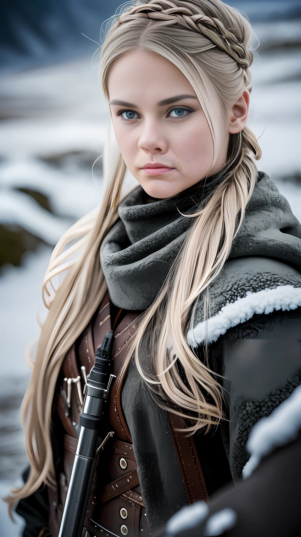 a realistic [full length portrait] [18-23 Years Old nordic female fashion model] [dressed like a Celtic style] [Angry expression on face][Photo taken in a mountainous and snowy landscape] [type of illumination: natural lighting], extremely realistic, 8k, insane details, intricate details, beautifully color graded,Color Grading, Editorial Photography, Photography, Bokeh, taken with a 60mm lens, ISO 300, f/4, 1/200th --ar 9:16 , combat pose, full length portrait, fantastic lighting --ar 9:16 --auto --s2