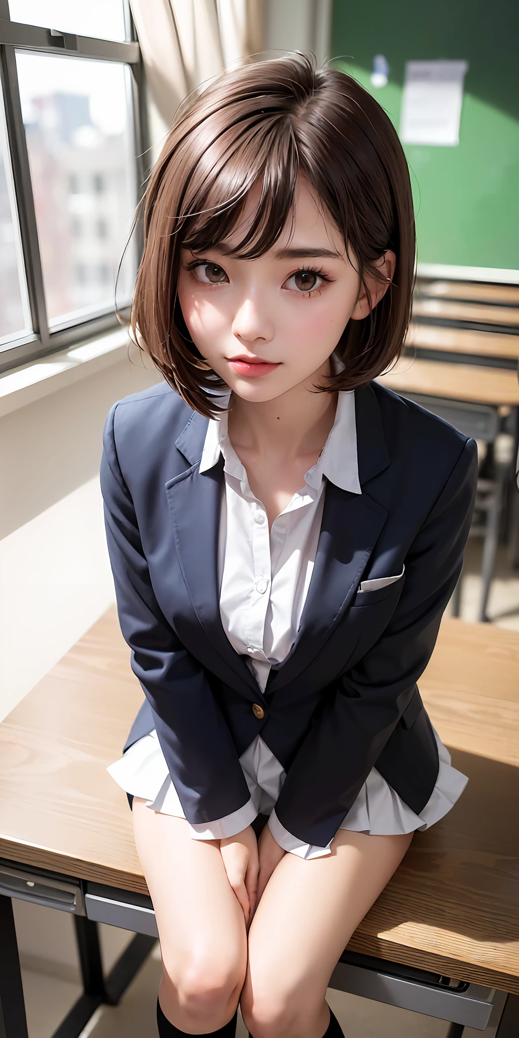 ((8k, RAW photo, top quality, masterpiece), HD RAW color photo professional close-up photo, (realistic, realistic: 1.37), (highest quality), (best shadow), (best illustration), collarbone ((large)), ((pornographic, sexy, super high resolution, HD CG unified 8K wallpaper, physically based rendering, cinematic lighting), (aegyo sal: 1), 18 year old girl, (gray blazer, ribbon, socks, high school uniform: 1.2), high school classroom, Beautiful details eyes, light on the face, ((Full body shot: 1.2)), extra bright light, (upper eye, grinning: 1.2), shiny skin, (((Brunet, Bob hair: 1.2))), (slender thighs), ulzzang-6500-v1.1: 0.2, shy, (flash: 1.2), NSFW, (puffy), (seductive pose: 1.2, charming: 1.2)), (idle), (sitting at a desk in the classroom: 1.2)), (good anatomy: 1.2)), (bright and refreshing classroom, background blurred:  1.2)), perfect face, cute face, (low angle shooting: 1.2) slender fingers