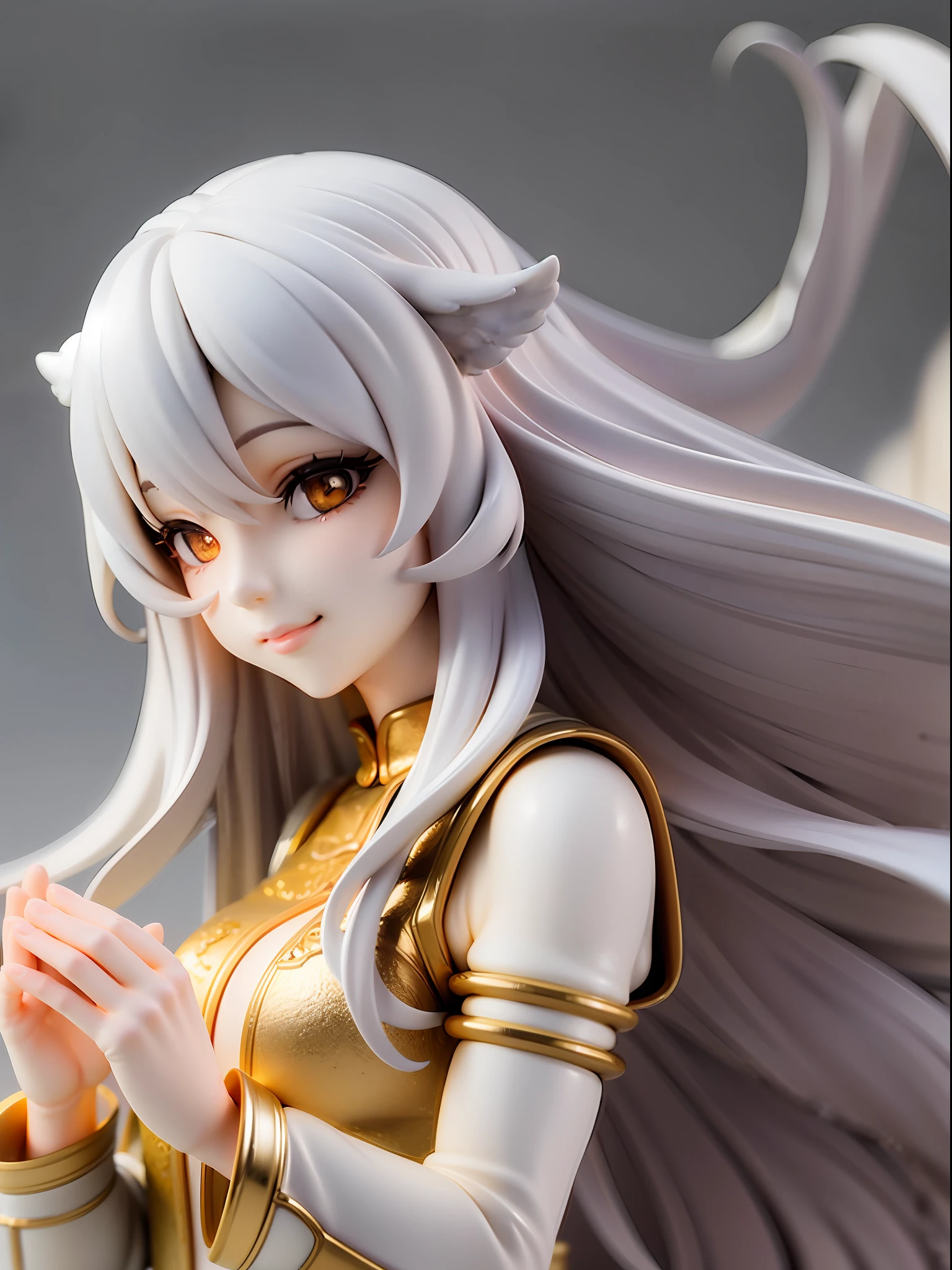 Godly light girl, white long hair, gold eyes, serene smile, simple dress in light gold and white, hands spread embracing light, surrounded by white light,