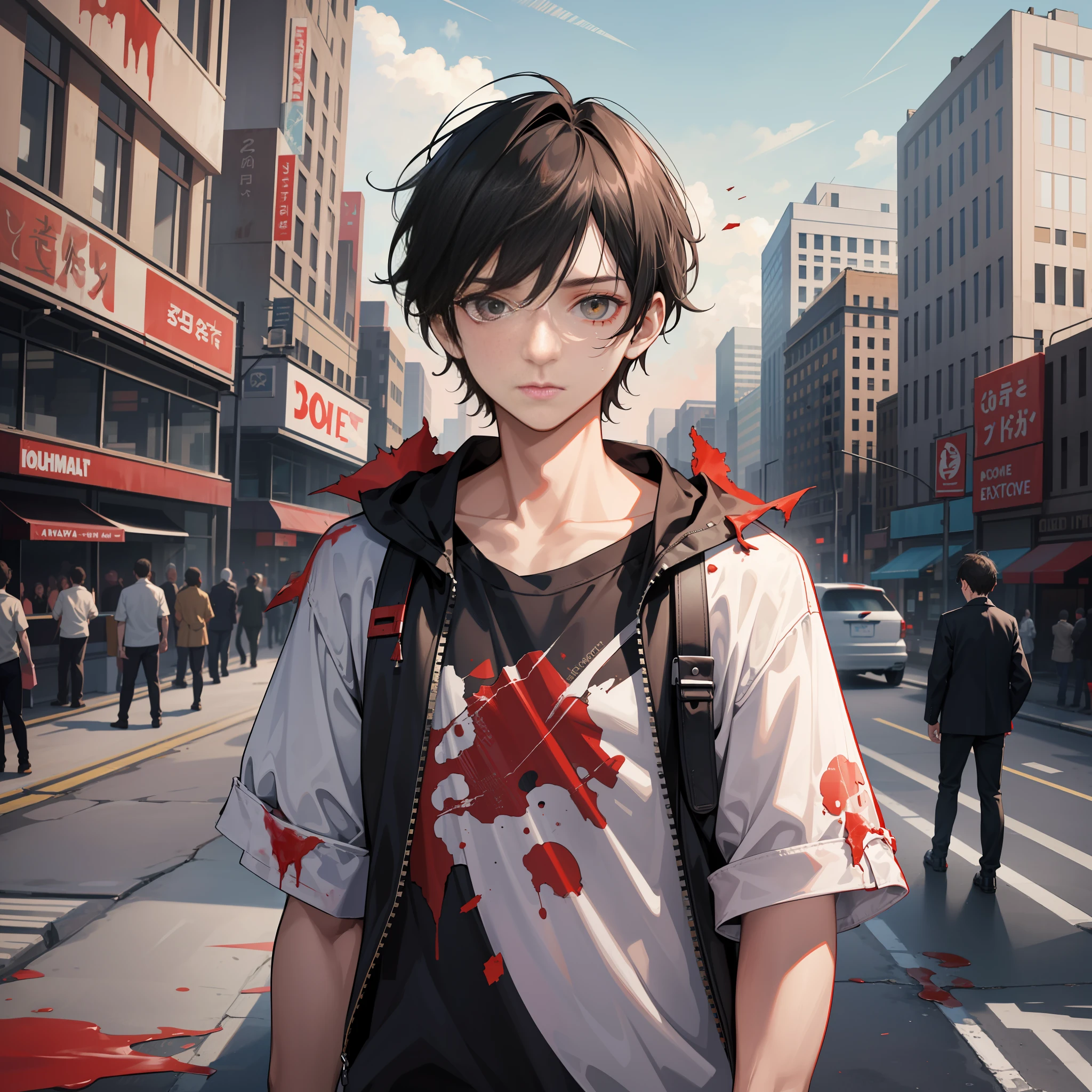 The end is coming, the boy is covered in blood, panic, tattered clothes, 18 years old, boy, expressionless, ruined city, perfect face shape,