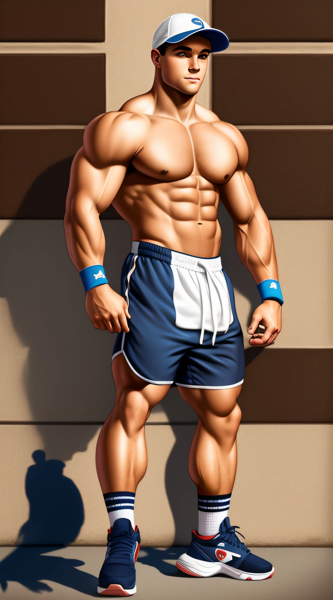 In the style of Norman Rockwell, gymrat (cute babyface jock) (five o'oclock shadow, manscaped), super buff and cool, short and muscular, baseball cap, shorts, show off, physique, smug arrogance, proud looking, jock clothes (perfect fit, clothing curves with his body)(sporty white wrist sweatbands)