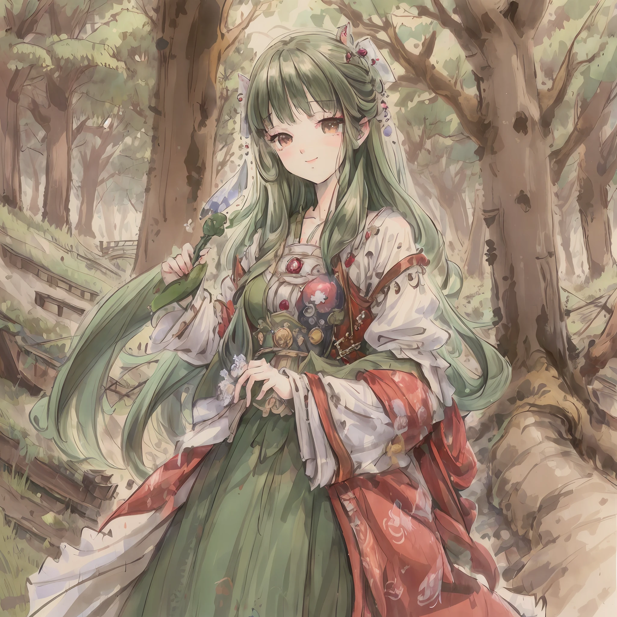 (8K, Best Quality, Masterpiece: 1.2), (Realistic, Realistic:1.37), Super Detailed, 1 Girl, Cute, Tsundere, Beautiful and Detailed Sky, Medicine Garden Background, Forest Vista, (Nose Red), (Smile: 1.15), Shut Up, Flat Chest, Lori, Beautiful and Delicate Eyes, Long Green Hair, Sapling in Hand, Long Hair, Flowing Hair, Green Costume Long Dress