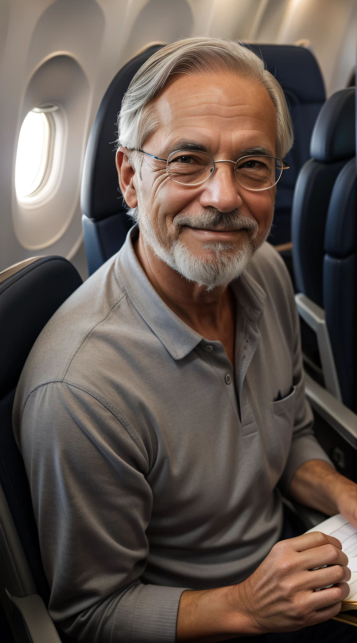 Drawing me a male professor, older, over 50 years old, gray hair, happy face, not smiling, sitting in a plane looking head-on, photo erasing fonts, portraits