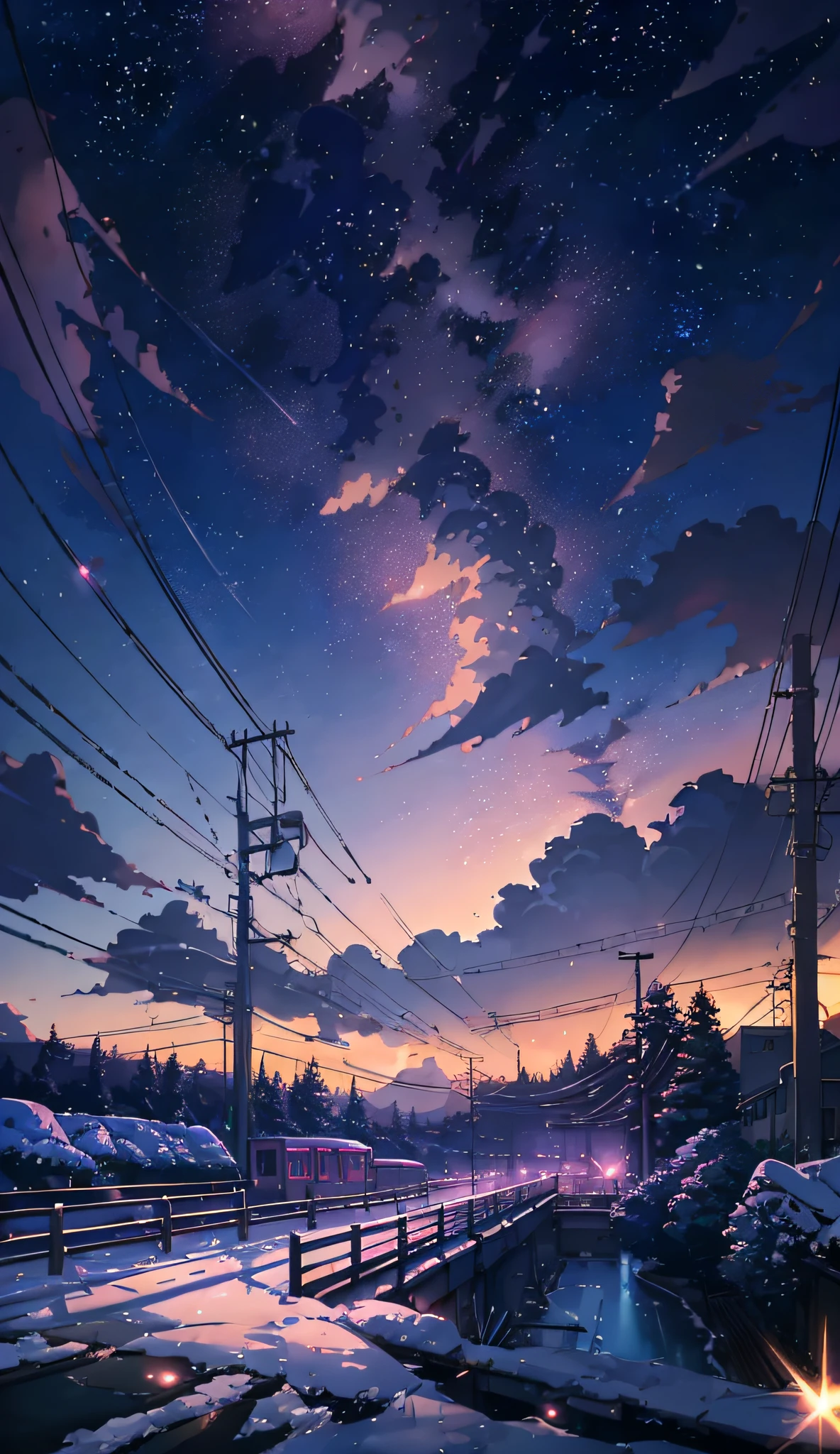 (((Makoto Shinkai style)),pixiv,anime drawing,high quality,pink purple sky,beautiful scene),(universe,train passing,magical realism,((makoto shinkai style)) ::0.8), [Artistic Atmosphere, Atmosphere:0.8, Starry Sky, Hills, Snow Mountain, Sparkling Water, Grass, Trees, Smoke, Stars, Low Angle of View, Specular Scattering,