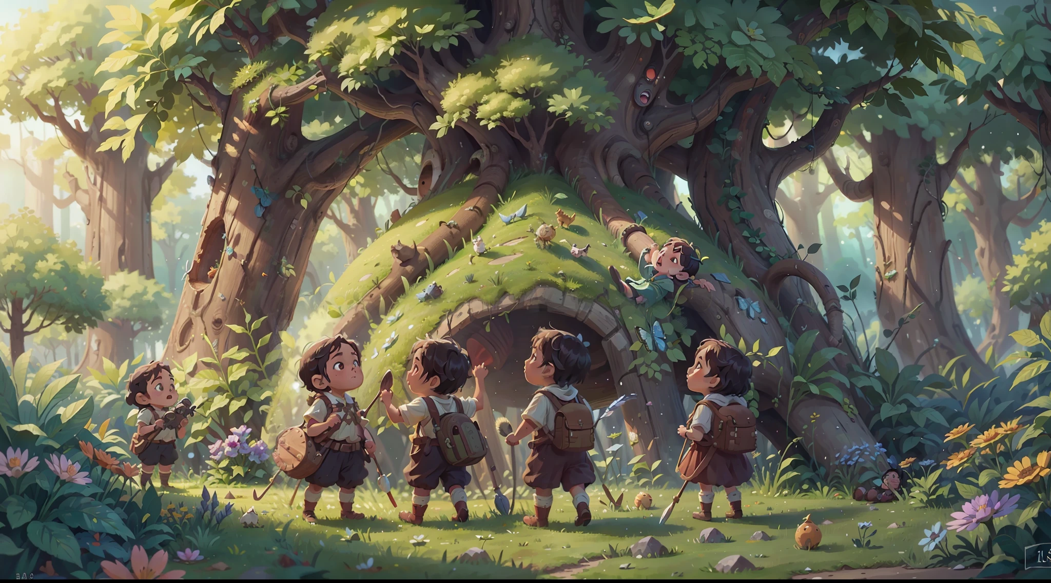 (Supremacism: 1.5), in spring, a group of children playing in the garden of giants, panorama, very detailed, best quality, 4k, cinematic lighting effects,