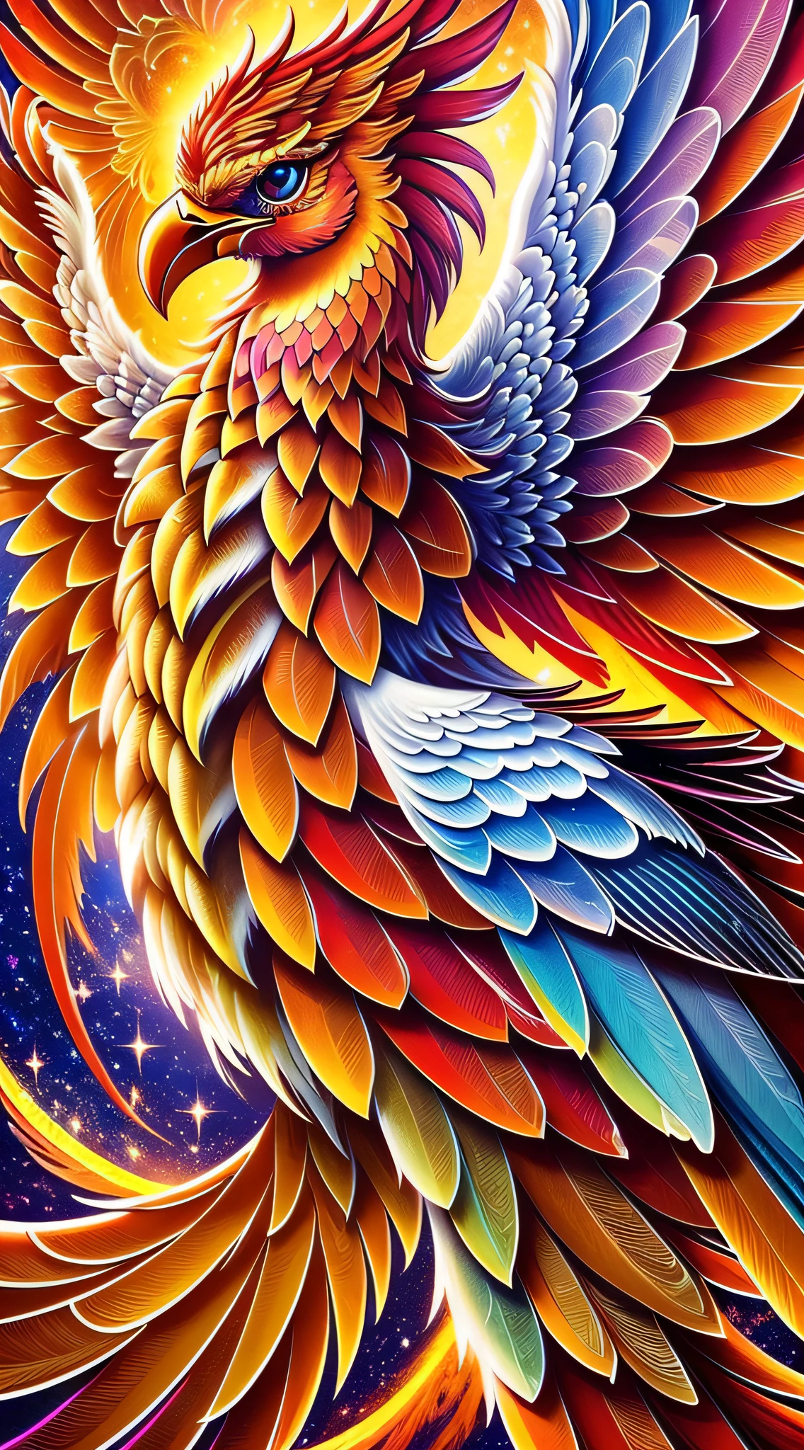 Highest image quality, ultra HD, masterpiece, a phoenix soaring with flaming red wings, divine bird, wings spread, extremely beautiful layered feathers, light and shadow, particle light, particle special effects, aesthetic romance, dreamy highest image quality, ultra HD, masterpiece, exquisite CG, face face exquisite details, rich picture layers, open mouth, clear outline, face close-up, beautiful, perfect details, best quality, highest image quality, high resolution, HD, 16k, 8k, UHD, HD, HD