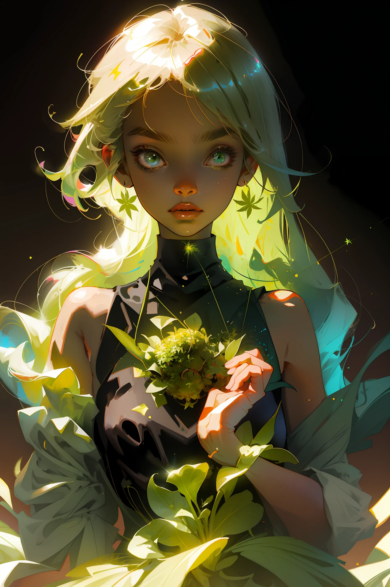 Hemp Circle, Hemp Leaves, Masterpiece, Best Quality, Super High Resolution, Fluorescent Color,
1 girl looking at the audience, beautiful face, beautiful eyes, (bare shoulder: 1.2), head up, upper body, forest, shiny hair, shiny skin, glowing haircut, chibi, hands not shown: 1.5, black star dress, particles, cannabis in hand, marijuana print