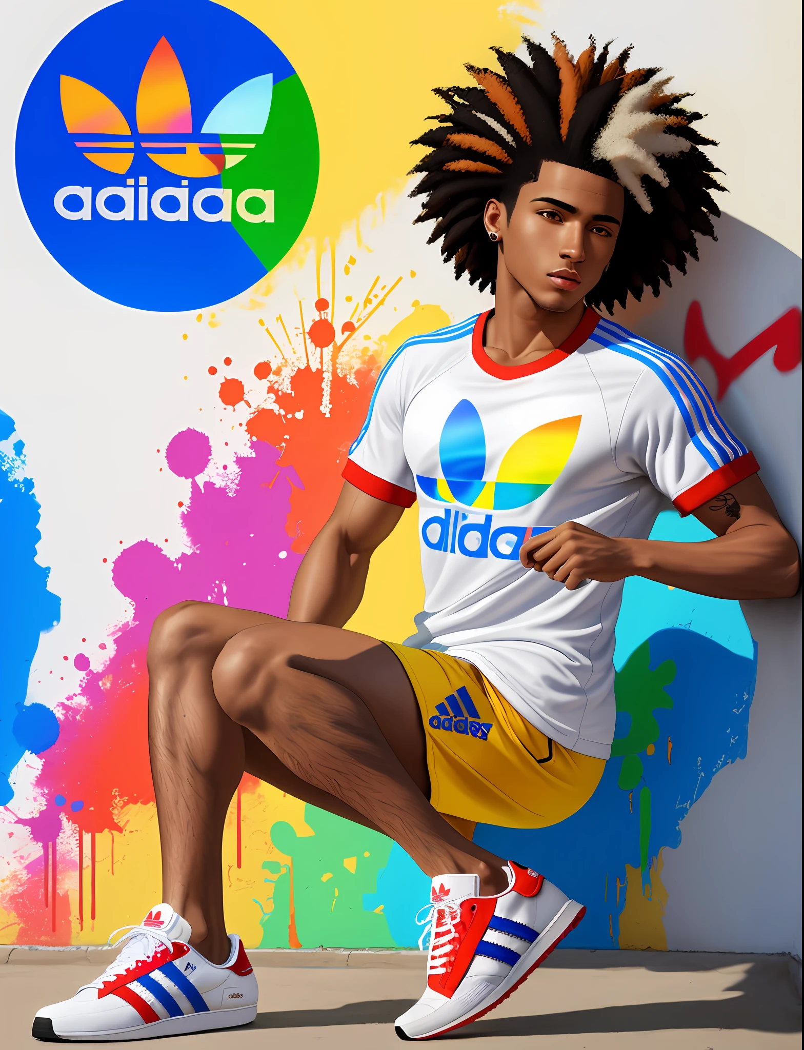 Graffiti painting, street art, 32k wallpaper ((extremely detailed)) CG unit, 32k landscape, artwork, masterpiece, best quality, amazing light brushstrokes, of a 25 year old athletic Afro Brazilian boy with short hair, ((Adidas Tennis)) in graffiti style on a white wall with vibrant colors.