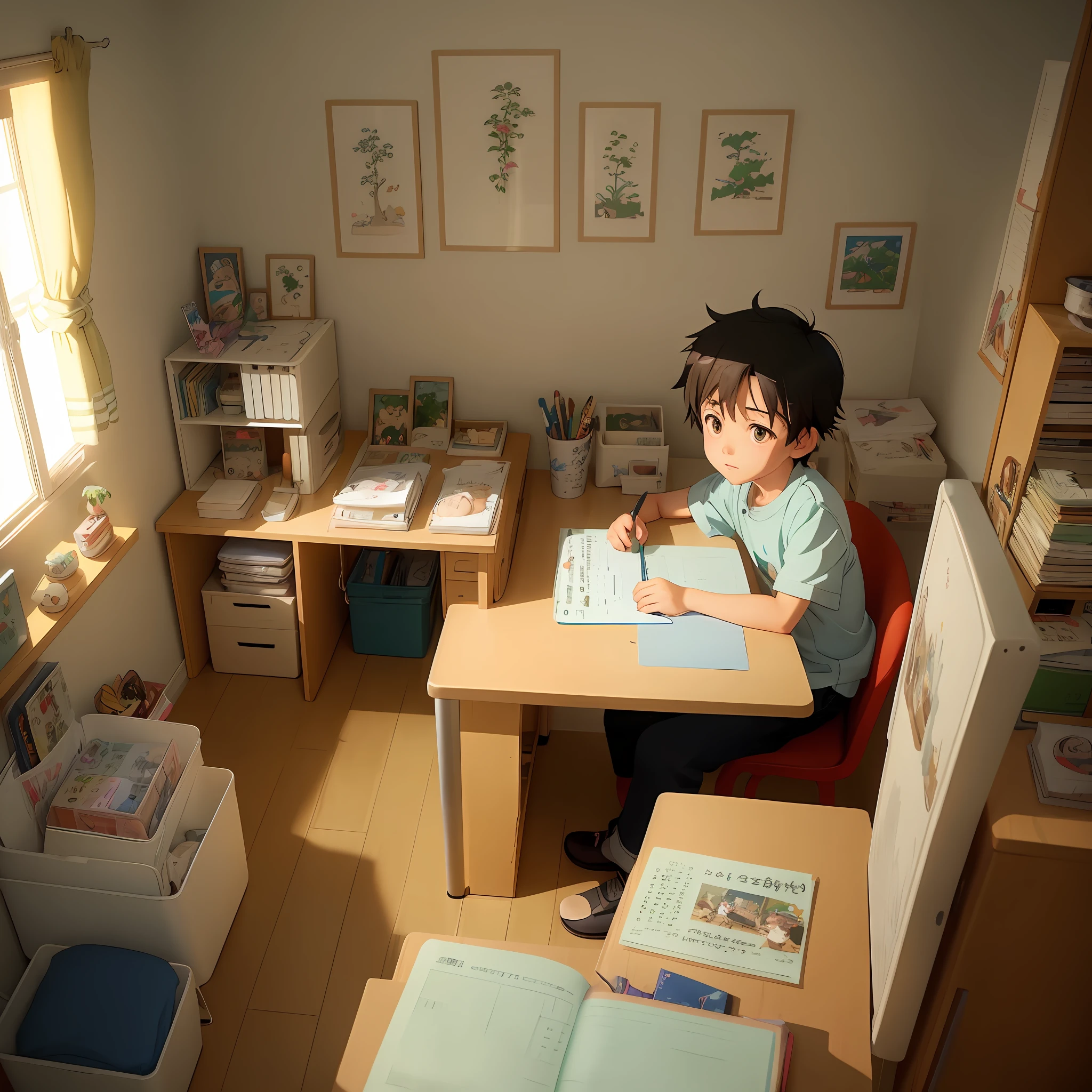 there is a young boy sitting at a desk in a room, makoto shinkai. octane render, makoto shinkai. digital render, realistic anime 3 d style, studio glibly makoto shinkai, octane render. by makoto shinkai, anime film still, anime styled 3d, style of makoto shinkai, in style of makoto shinkai