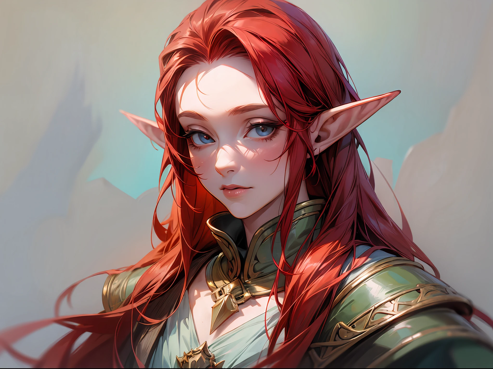 "Studio portrait of a mature elf with red hair on a pristine white background."