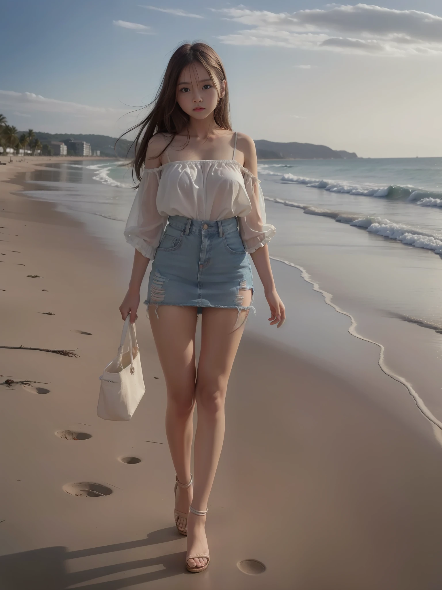 8k, high resolution, (high detail: 1.5), (skin texture), a girl walking on the beach denim dress miniskirt, full body, sexy body, denim, wearing long and fluent clothes, real fabric texture, cute young girl, fashion model, young cute girl, full body fairy, cute: 2, fashion, young asian girl, real photo, real environment, movie lighting